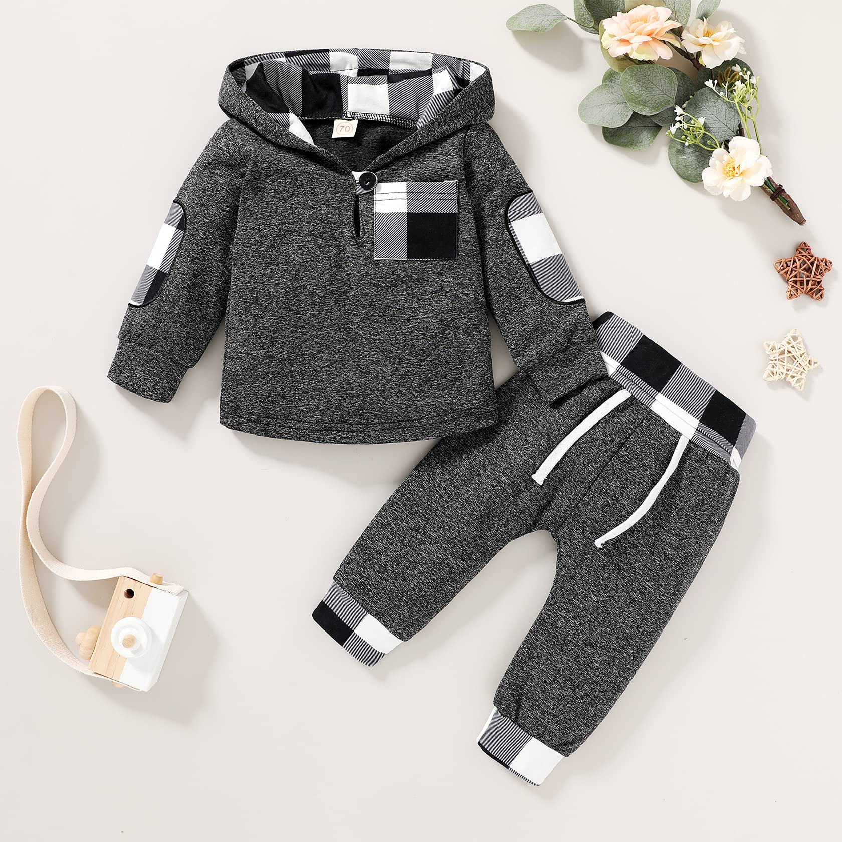 Boys Girls Winter Christmas Plaid Hoodie & Pants Set - Toddler Infant Baby Outfit for Holiday, Xmas Party & Family Photos