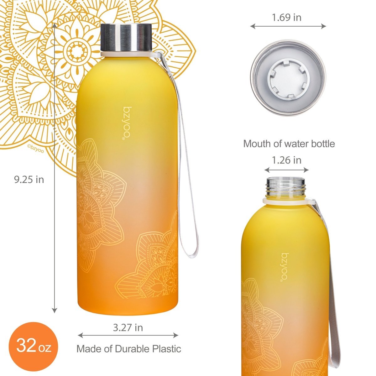 32oz La La Mandala Time Marker Tritan Water Bottle with Carrying Strap - Ombre Orange | BPA-Free Leakproof Sports Water Bottle for Gym, Yoga, Hiking & Outdoor Activities