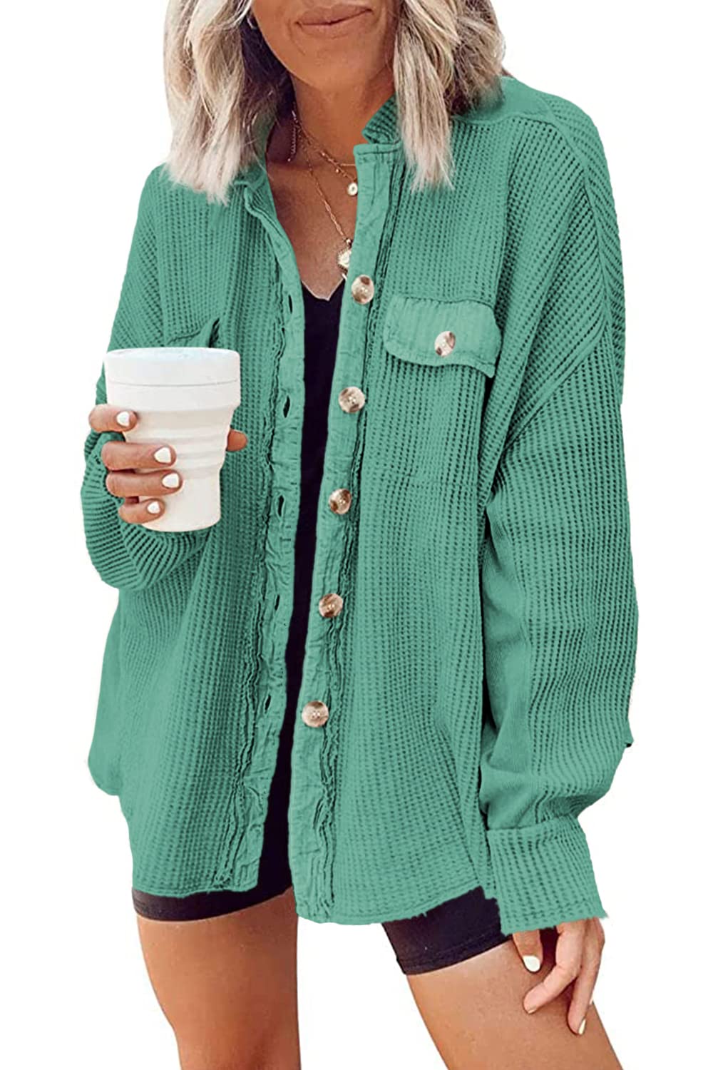 Yanekop Women's Waffle Knit Button Down Shacket - Oversized Long Sleeve Shirt Jacket for Women | Trendy Fall & Winter Outfits 2025 | Perfect for Casual Wear, Layering and Office Style