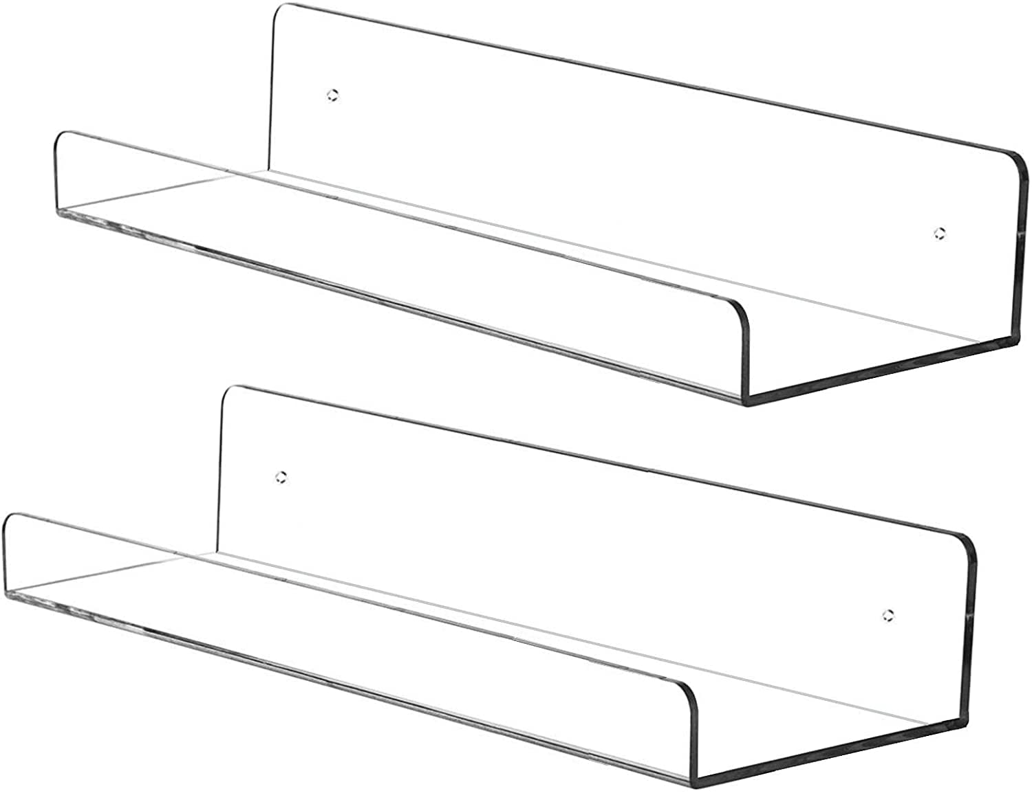 15 Inch Clear Acrylic Floating Wall Shelf - Set of 2 | Invisible Bookshelf for Nursery, Bathroom & Office | 5MM Thick Wall Mounted Display Ledge for Books, Toys, Spices & Decor | Modern Home Storage Solution