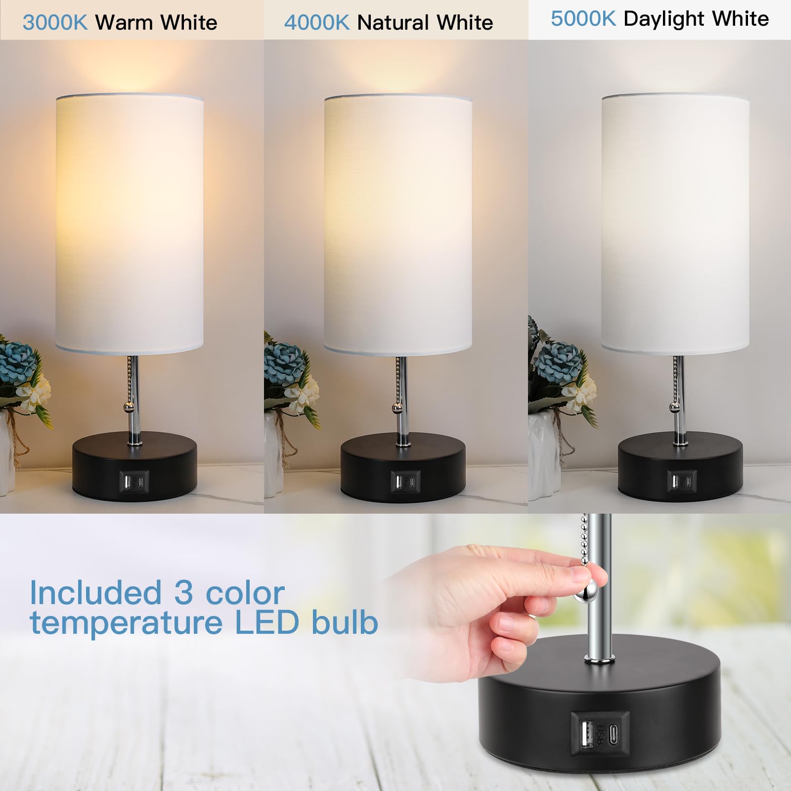 ROTTOGOON 3-Color Adjustable Table Lamp with USB A & C Ports, LED Bedside Nightstand Lamp for Bedroom, Living Room, Office, and Study Desk (White)