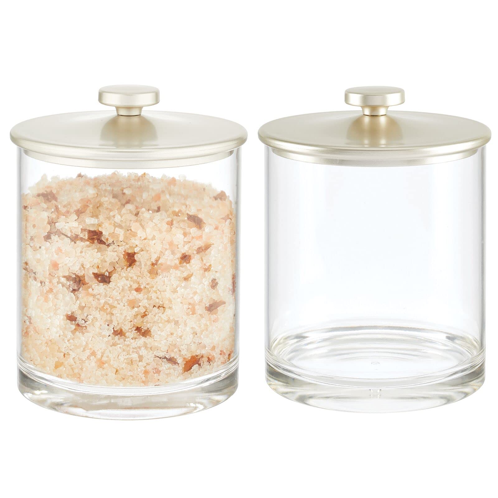 mDesign Medium Modern Apothecary Storage Organizer Canister Jars - Clear Acrylic Bathroom Containers for Vanity, Counter & Makeup Table Organization - Lumiere Collection, 2 Pack (Clear/Matte Satin) - Perfect for Cotton Balls, Q-Tips & Beauty Essentials Storage