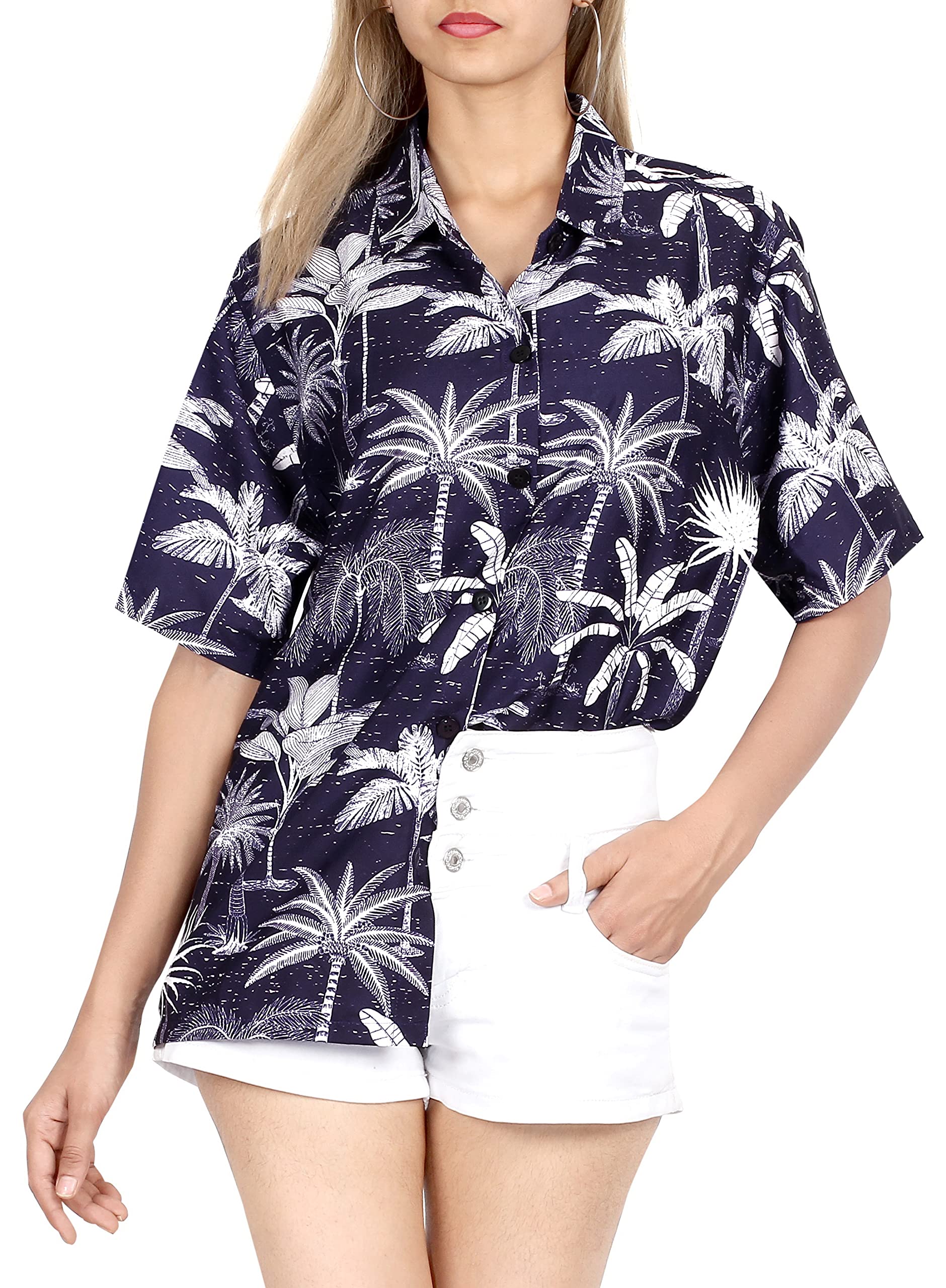 Happy Bay Women's Short Sleeve Hawaiian Beach Shirt - Floral Print Vacation Top for Summer, Beach Party, Luau, and Tropical Getaways