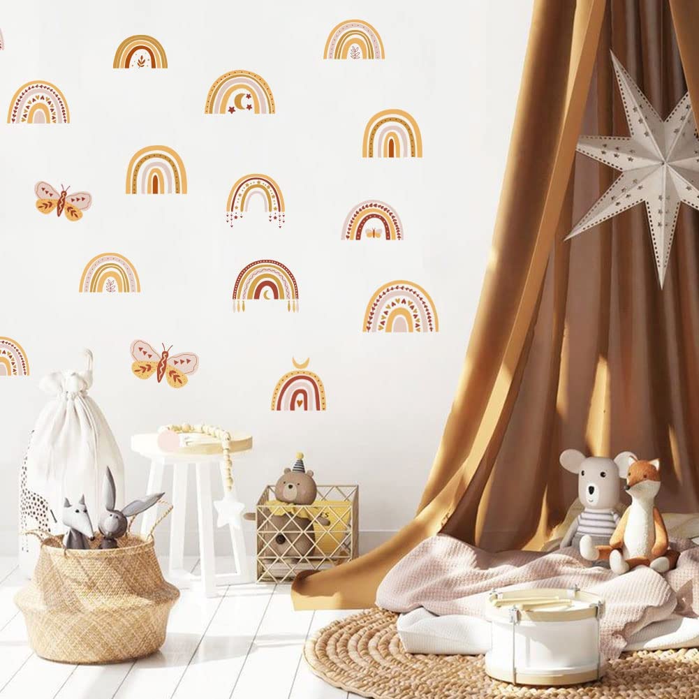 Boho Rainbow Wall Decal for Nursery & Kids Room - Butterfly & Star Removable Peel & Stick Wall Stickers - Cute Wall Decor for Baby Girl Bedroom, Playroom & Toddler Room