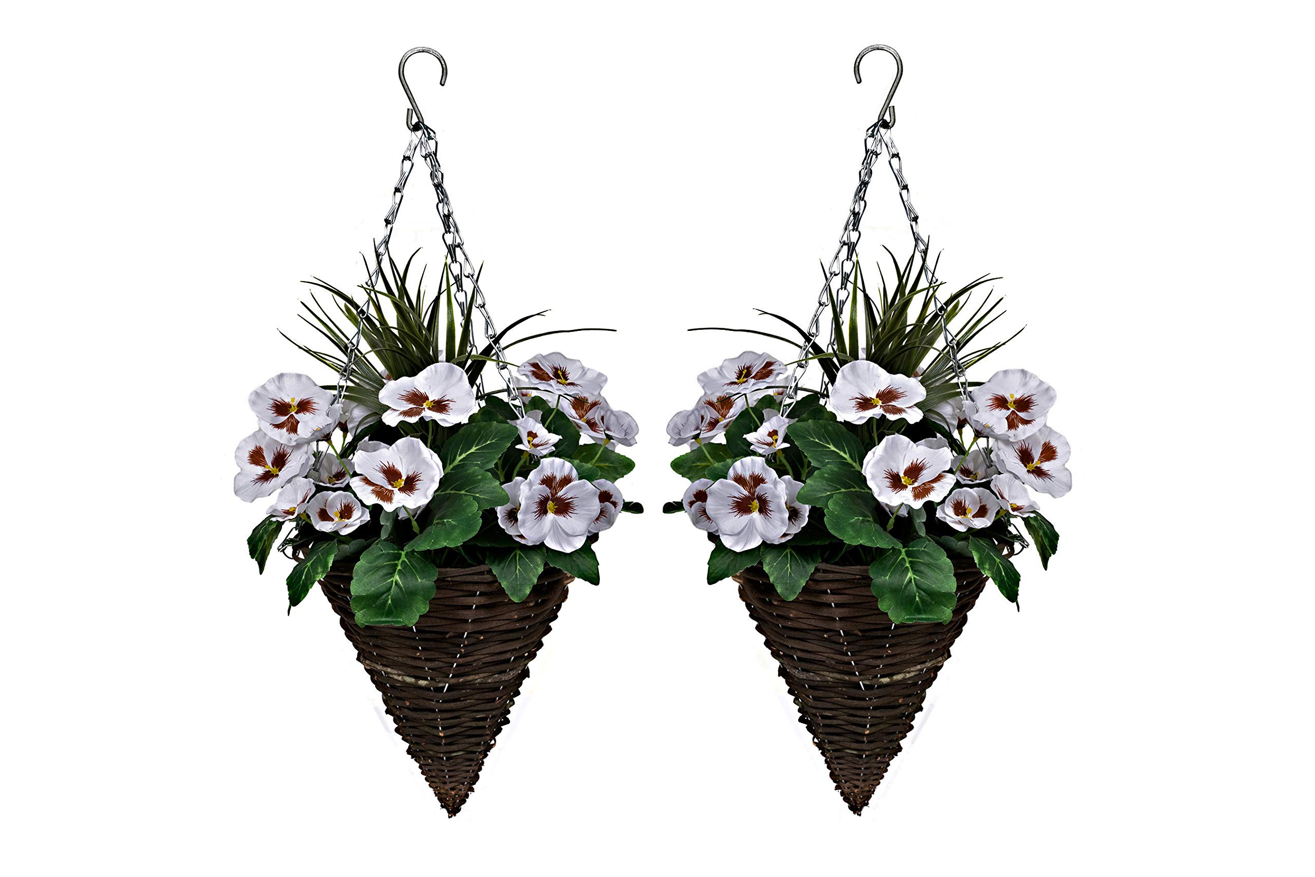 White Artificial Cone Shaped Hanging Baskets with Flowers & Decorative Grasses - Set of 2 | Outdoor Garden Decor, Porch Hanging Planters, Patio Decoration