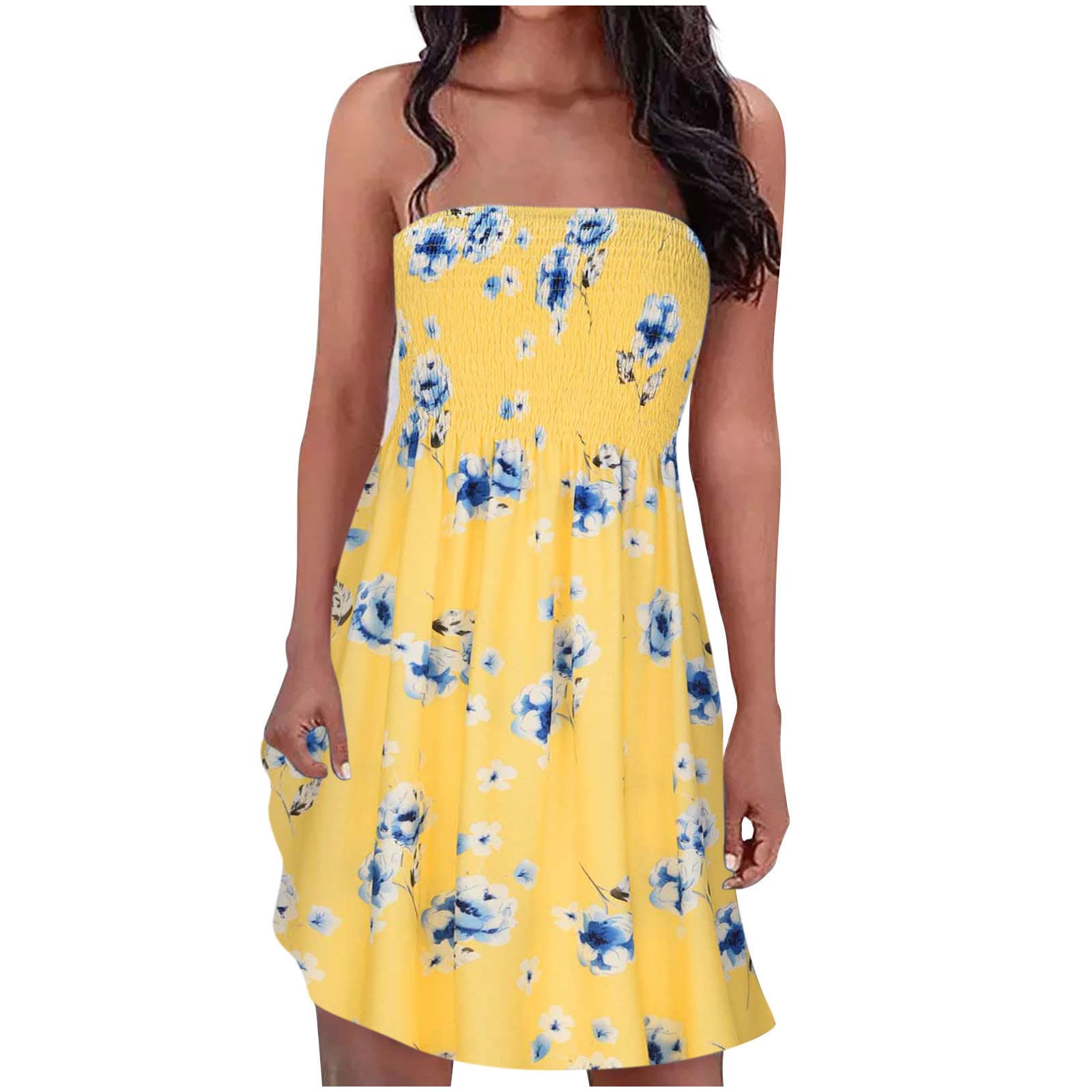 LAWOR Women's Bohemian Floral Print Sundress - Strapless, Elastic Band, Sleeveless Summer Beach Dress for Outdoor, Vacation & Casual Wear