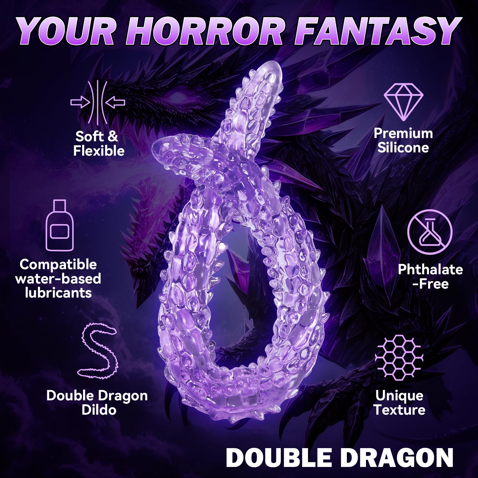 23.2 Inch Double Ended Dildo - Flexible Purple Anal Sex Toy for Couples, Lesbian & Gay Adults - Monster Size Dual Sided Dildo with Clitoral Stimulator - Perfect for Role Play, BDSM & Solo Play