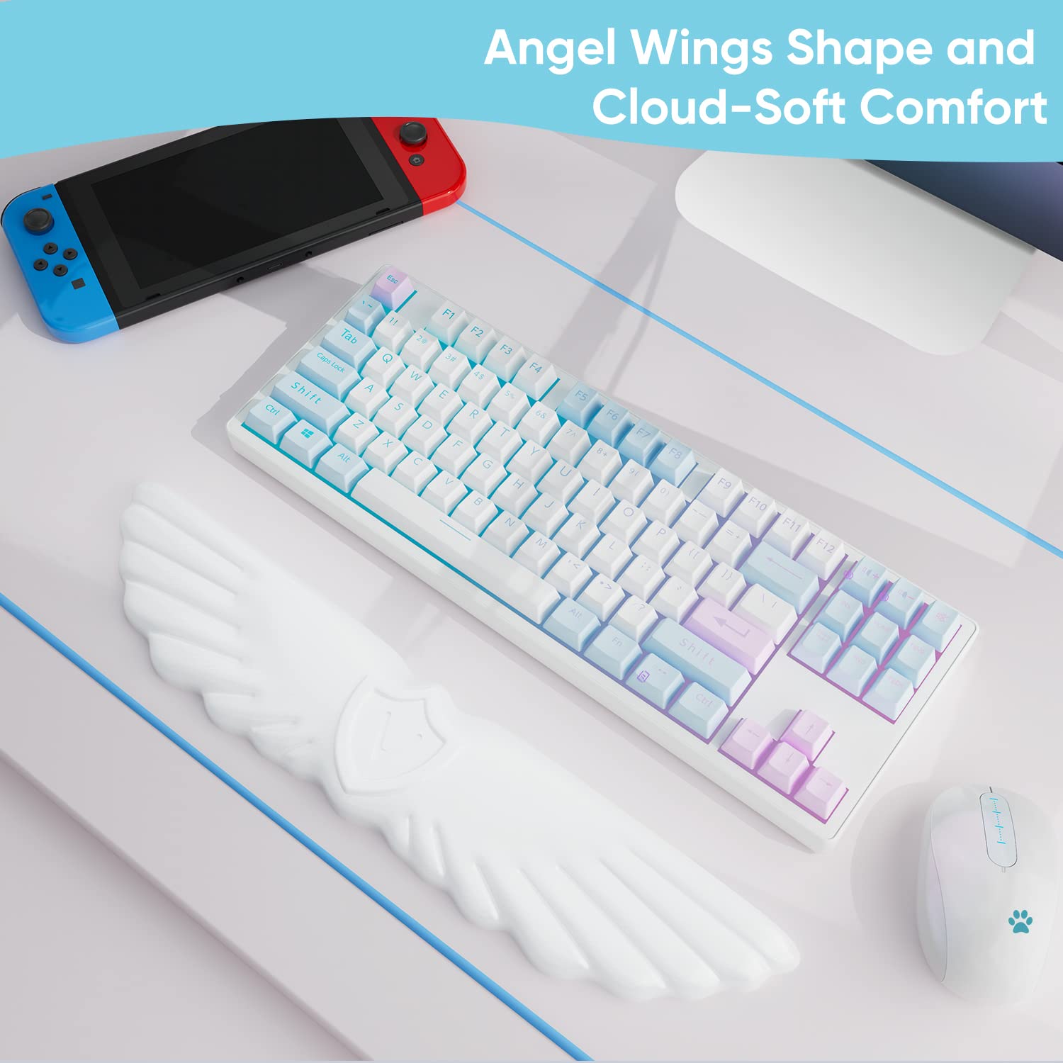 Angel Wing Keyboard Wrist Rest - Soft Leather Memory Foam for Pain Relief, Ergonomic PC Gaming & Office Use (White)
