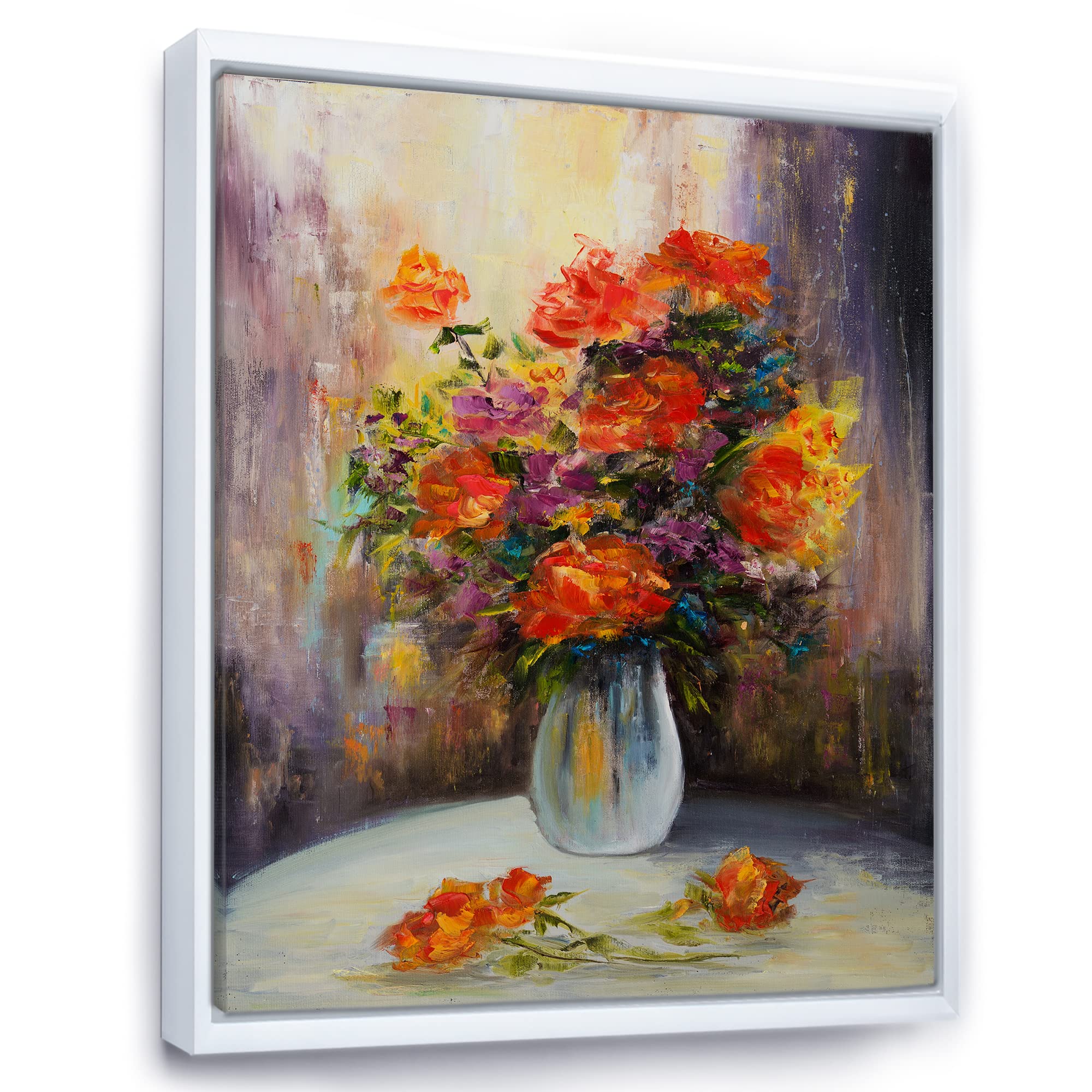 DesignQ Still Life Bouquet with Red & Yellow Flowers - Traditional Framed Canvas Wall Art Print - Perfect for Living Room, Bedroom & Office Decor