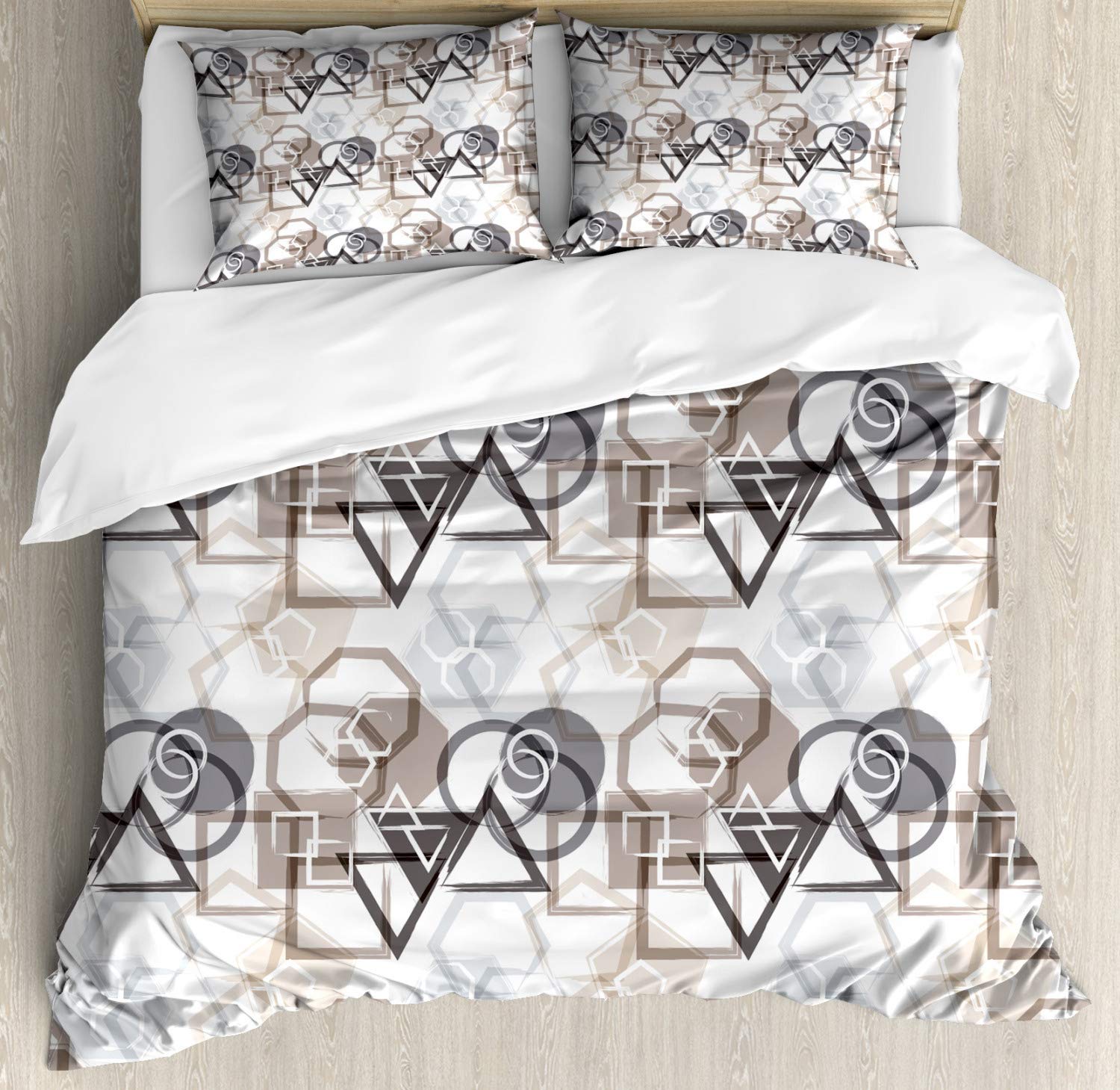 Ambesonne Abstract Duvet Cover Set - Modern Geometric Pattern with Triangles, Squares, Polygons & Circles - 3 Piece Queen Size Bedding Set with 2 Pillow Shams in Grey Black Cocoa - Perfect for Contemporary Bedroom Decor & Guest Room Styling