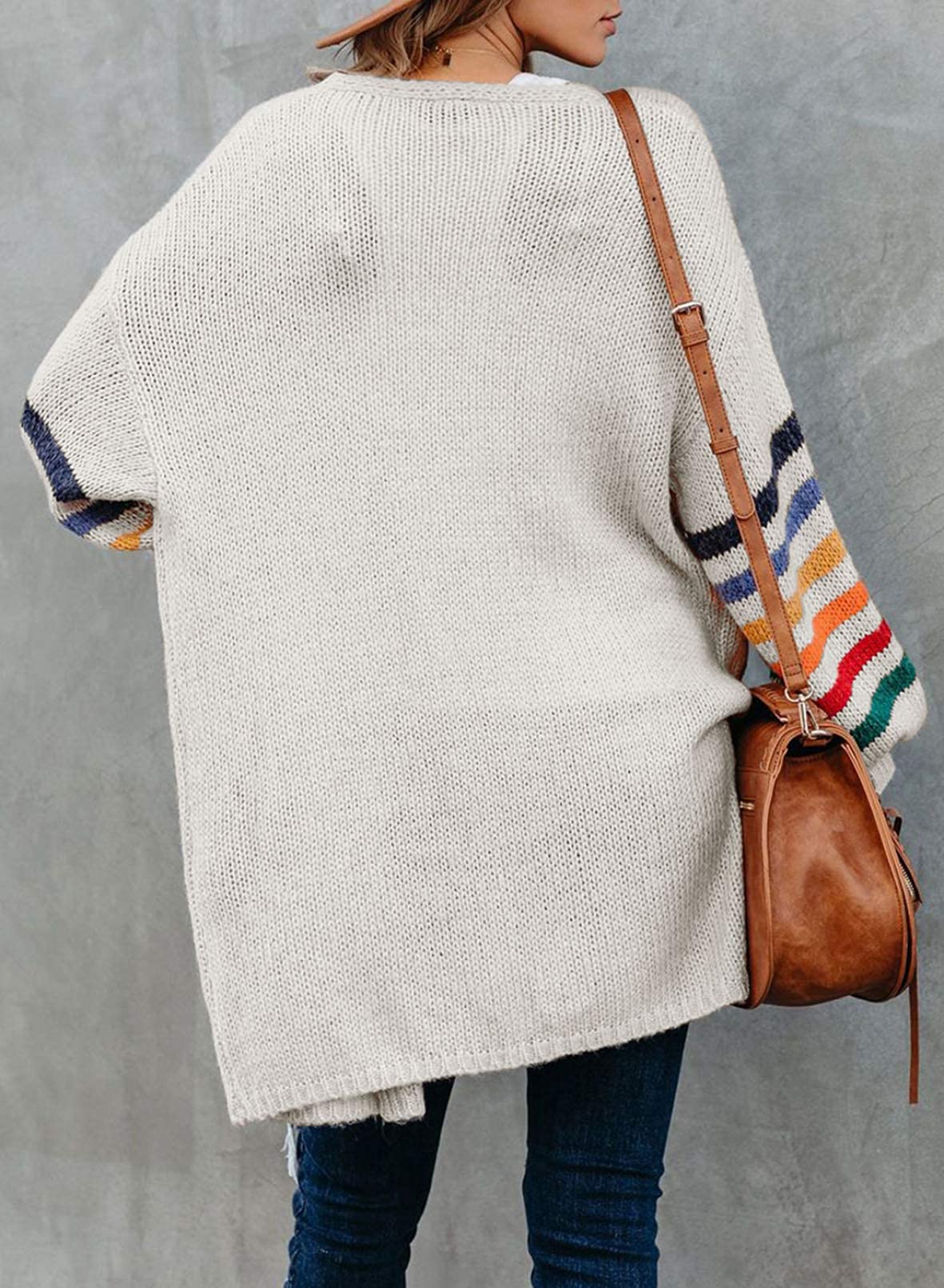 Dokotoo Women's Long Open Front Cardigan - Striped Color Block Loose Knit Sweater Coat | Casual Office Wear, Spring Fall Layering, Lounge Outerwear