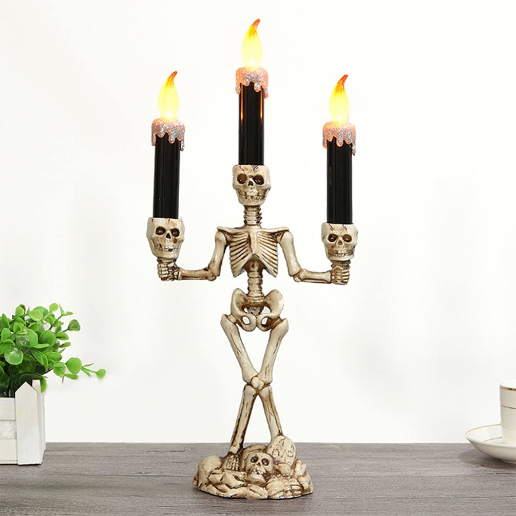 Uonlytech 2-Pack Halloween Skeleton Flameless LED Candles with Skull Candle Holders - Spooky Decor for Halloween Party, Home, Haunted House & Gothic Themed Events