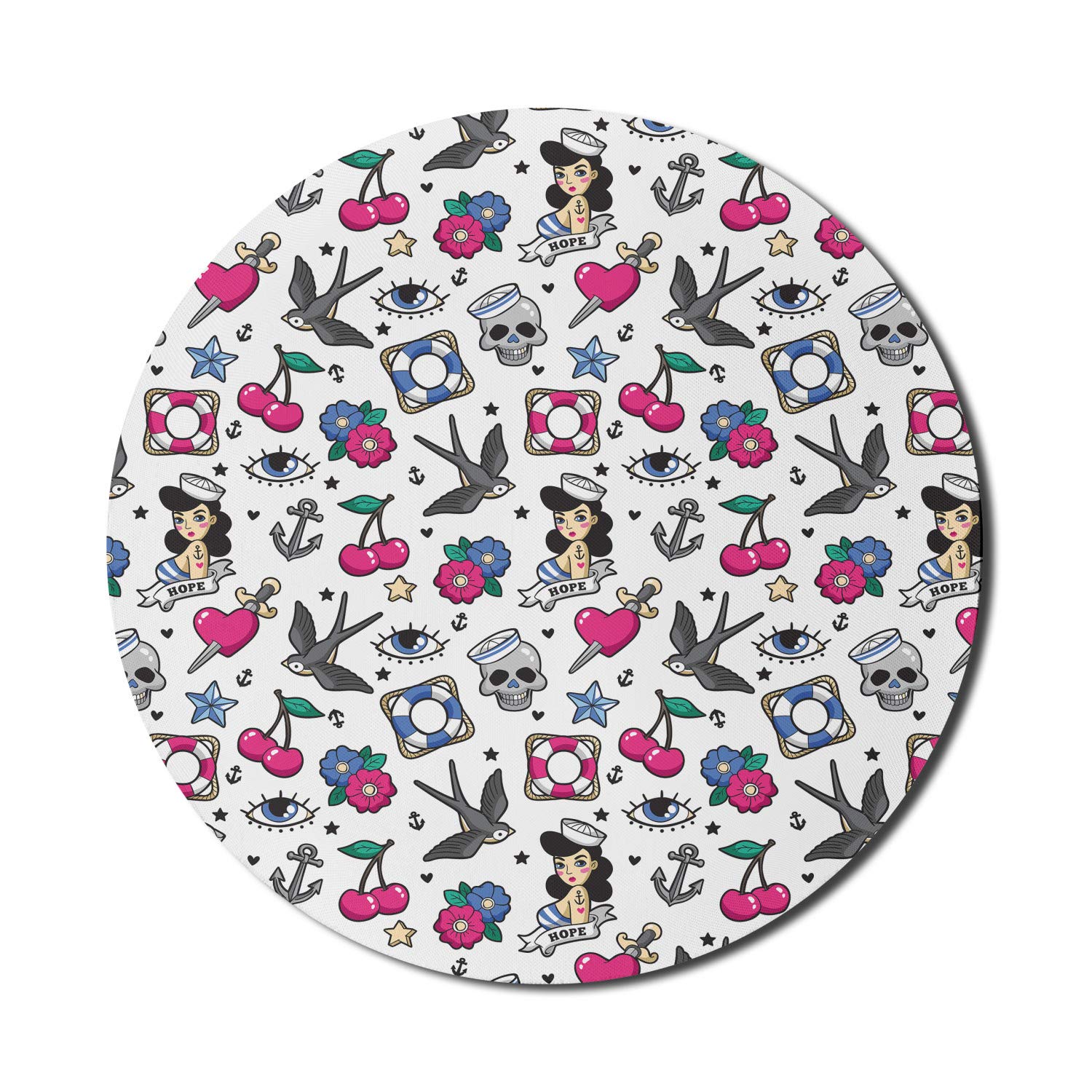 Ambesonne Colorful Round Non-Slip Gaming Mouse Pad - Cartoon Skulls, Hearts, Flowers Design - 8 Inch Thick Rubber Computer Mousepad (White & Multicolor) for Office, Gaming & Home Use