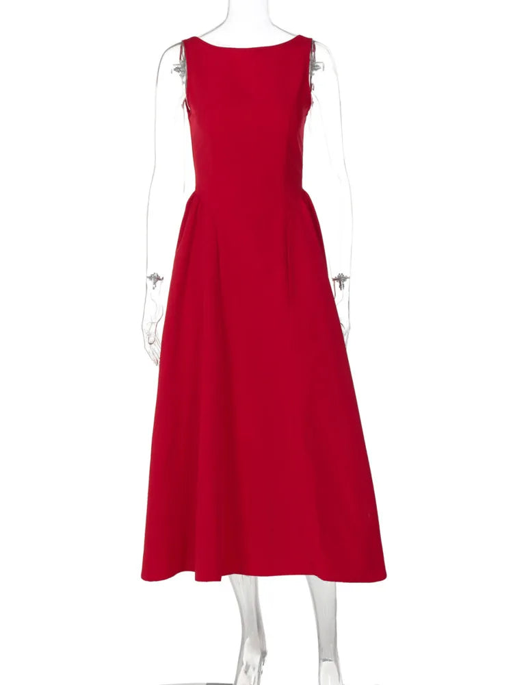 Elegant Backless A-Line Maxi Dress for Women - Solid Color O-Neck Sleeveless Long Gown with High Waist - Perfect for Beach Vacations, Summer Parties & Date Nights
