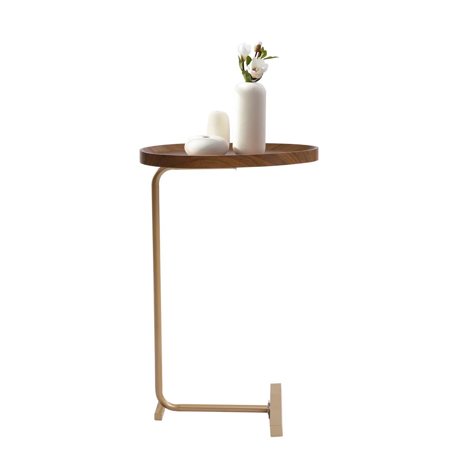 C-Shaped End Table with Gold & Walnut Finish - Freestanding Coffee Couch Desk for Laptop, Bedroom, Living Room & Office - Compact Side Table for Small Spaces, Sofa Snacking & Workspace Convenience