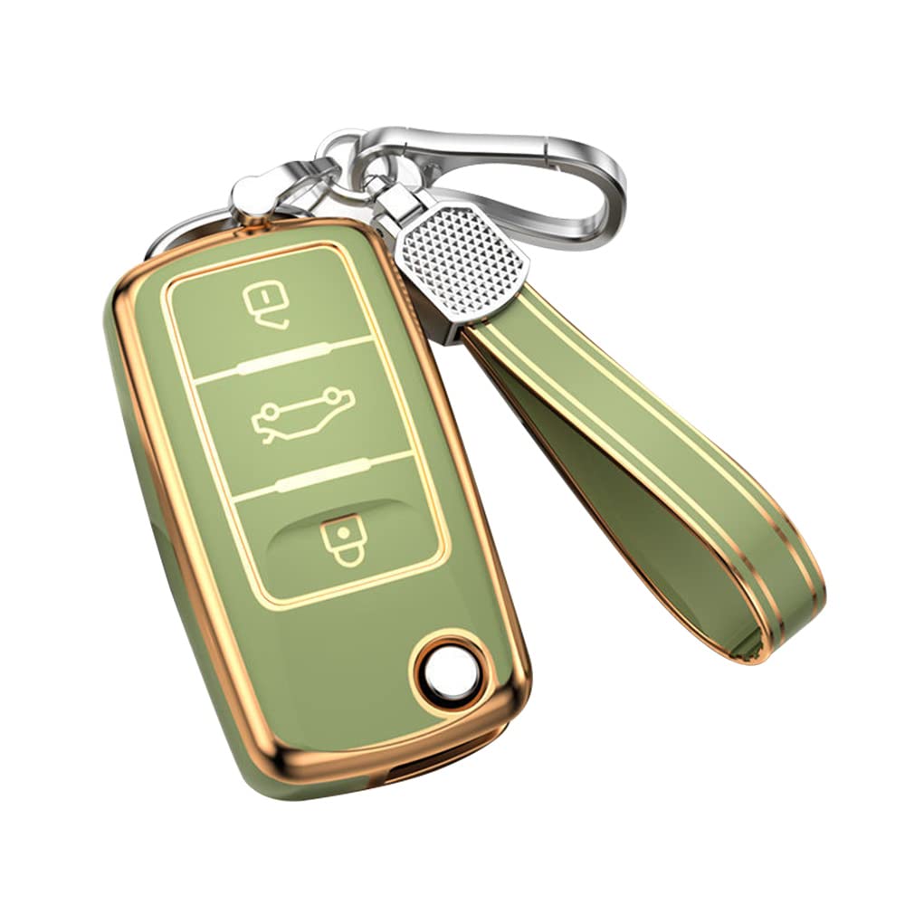 Premium TPU Car Key Fob Cover Case for VW Tiguan Golf Polo T5 Skoda Fabia Seat Altea Leon - 3 Buttons Flip Key Protector Shell with Keyring (Green) - Durable Protection Against Drops & Scratches for Everyday Use