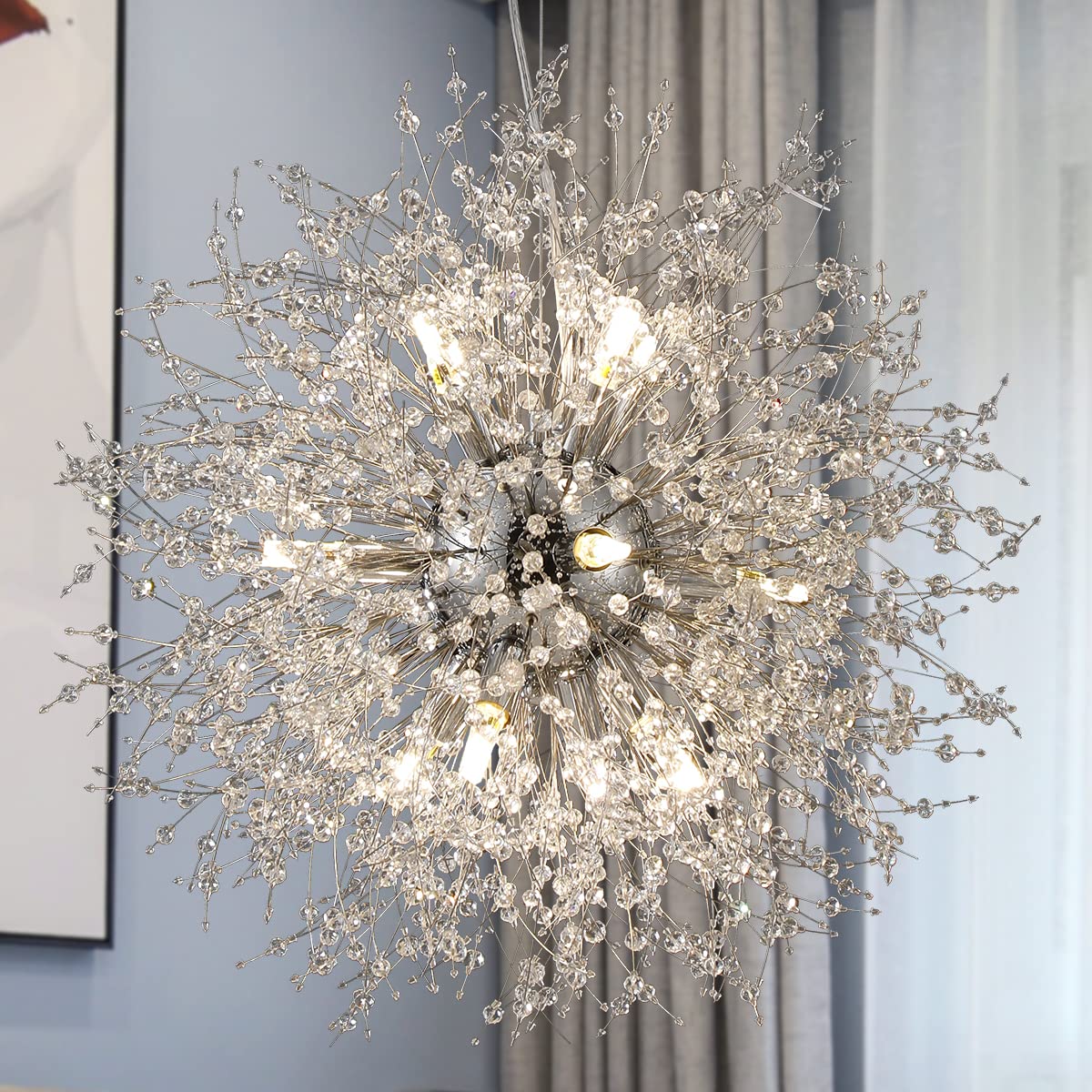 Modern Sputnik Crystal Chandelier - 12-Light Chrome Dandelion Pendant Lighting Fixture for Kitchen Island, Farmhouse Dining Room & Bedroom (21.65