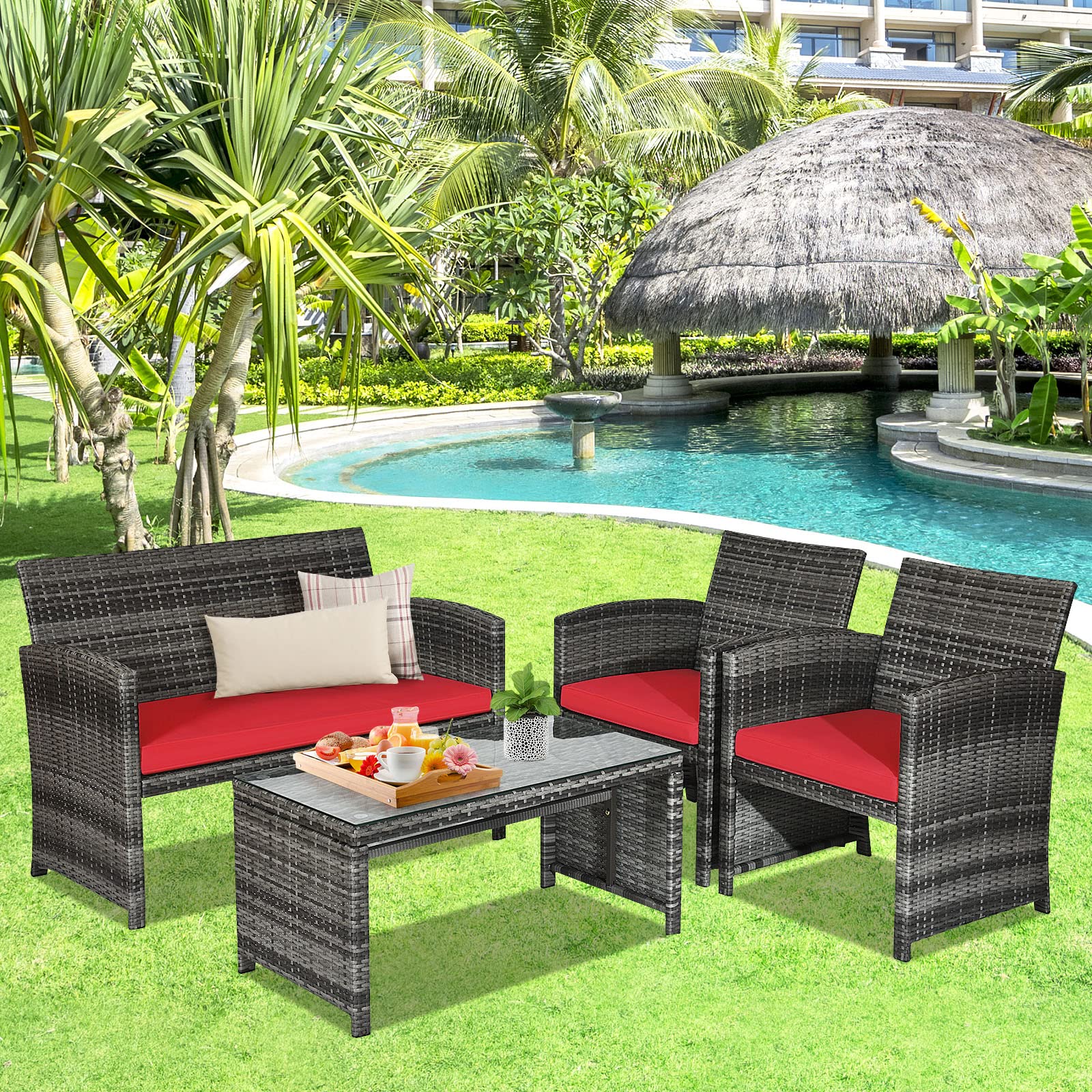 Goplus 4-Piece Rattan Patio Furniture Set - Outdoor Wicker Conversation Sofa with Weather-Resistant Cushions & Tempered Glass Tabletop - Perfect for Lawn, Backyard, Poolside, Garden, or Patio (Red)