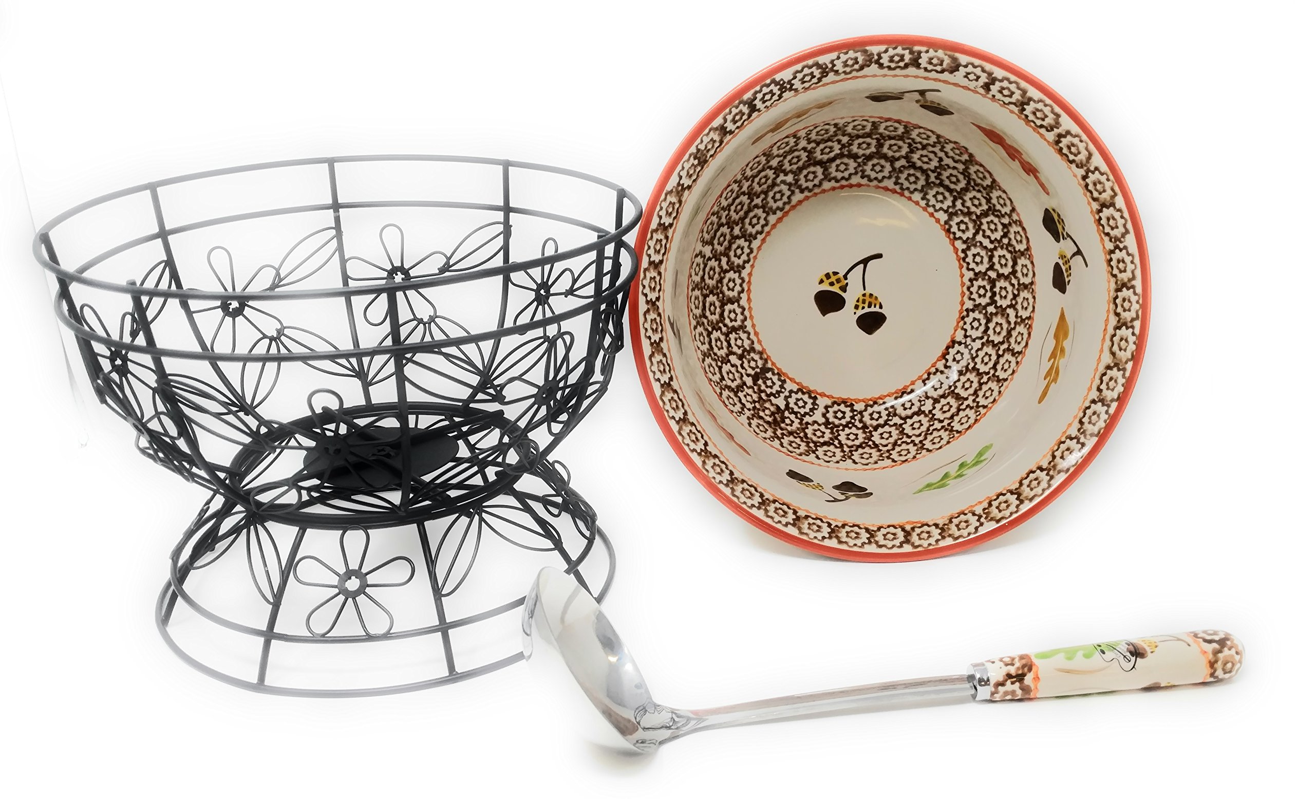 Temp-tations 4.5 Quart Old World Harvest Serving Bowl with Wire Stand & Ladle - Perfect for Punch, Soup, and Party Entertaining