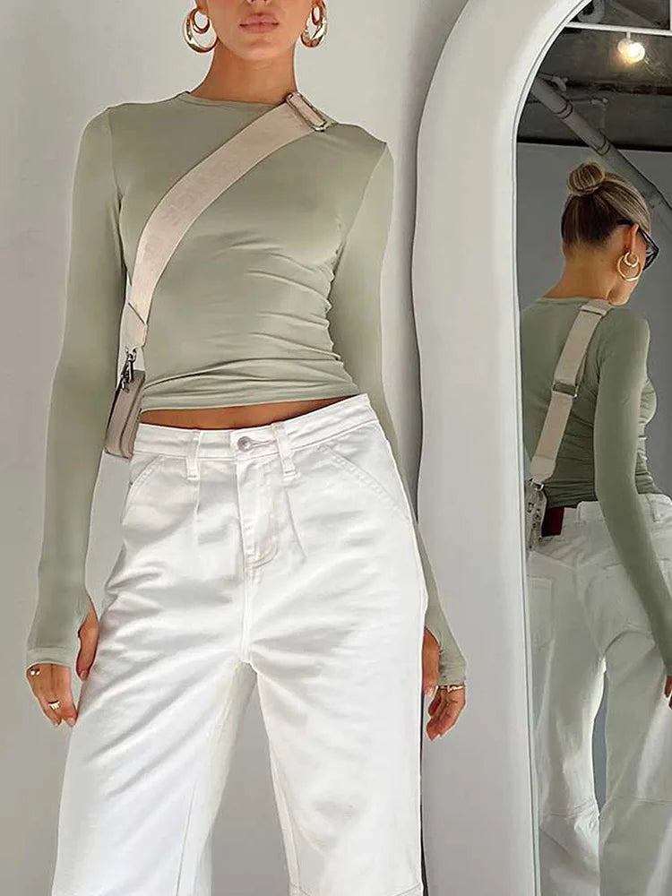 Stylish Women's Long Sleeve Crew Neck Slim Fit Crop Top with Thumb Holes - Solid Color Casual Streetwear T-Shirt for Summer | Perfect for Daily Wear, Gym, Yoga & Outdoor Activities