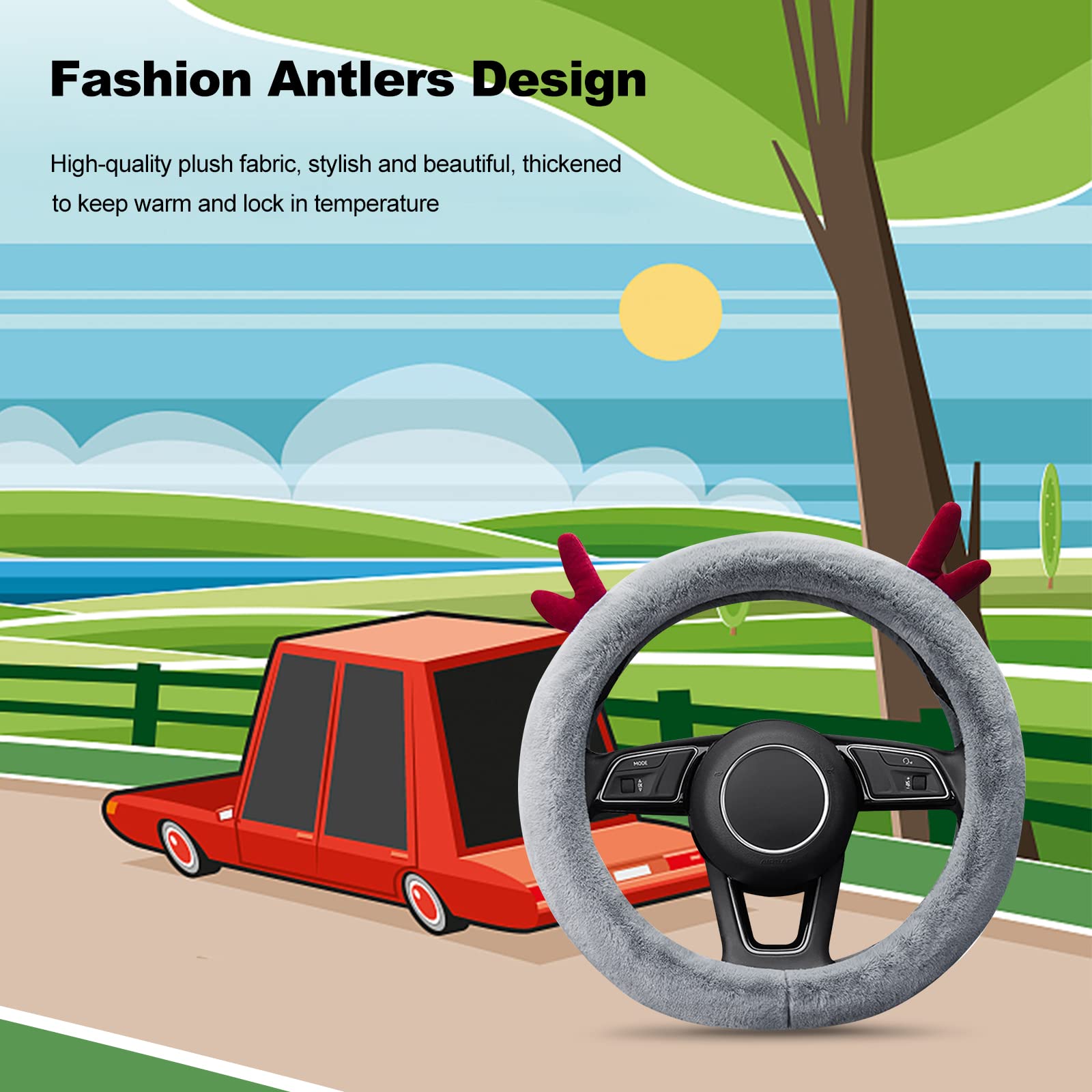 Ergocar D-Shaped Plush Steering Wheel Cover - Anti-Slip Winter Warm Protector, Cute Cartoon Design for Girls, 38cm (15