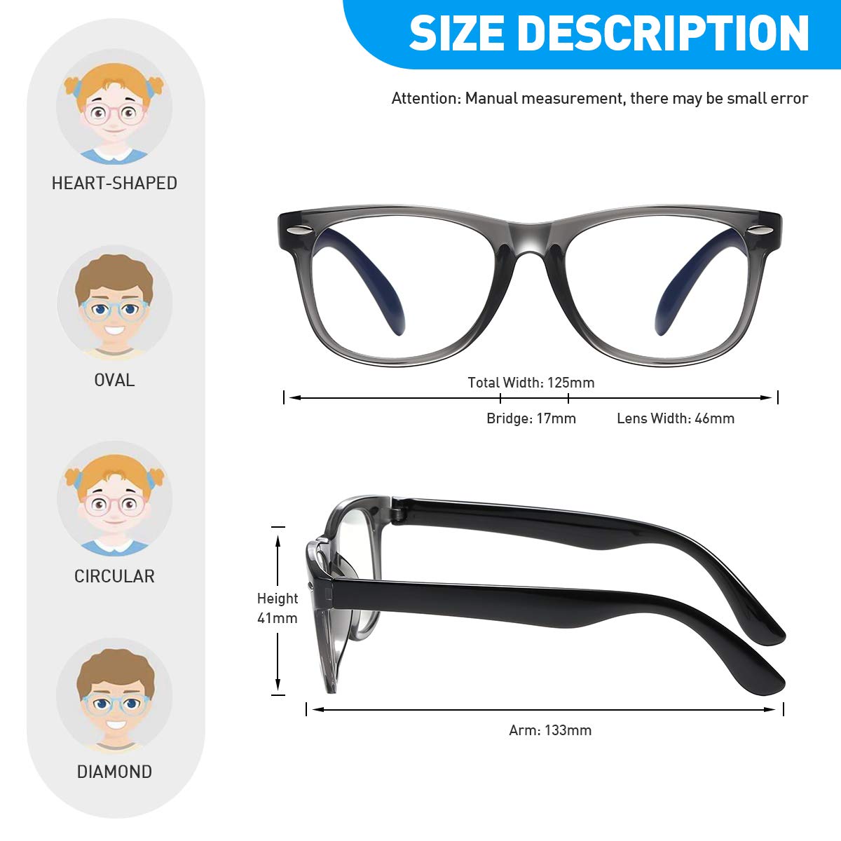 DYLB Kids Blue Light Blocking Glasses for Girls & Boys (2 Pack) - Anti Eye Strain & Headache Relief - Computer Gaming Glasses for Children Ages 3-10 (Transparent Black + Blue) - Perfect for Online Classes, Video Games & Screen Time Protection