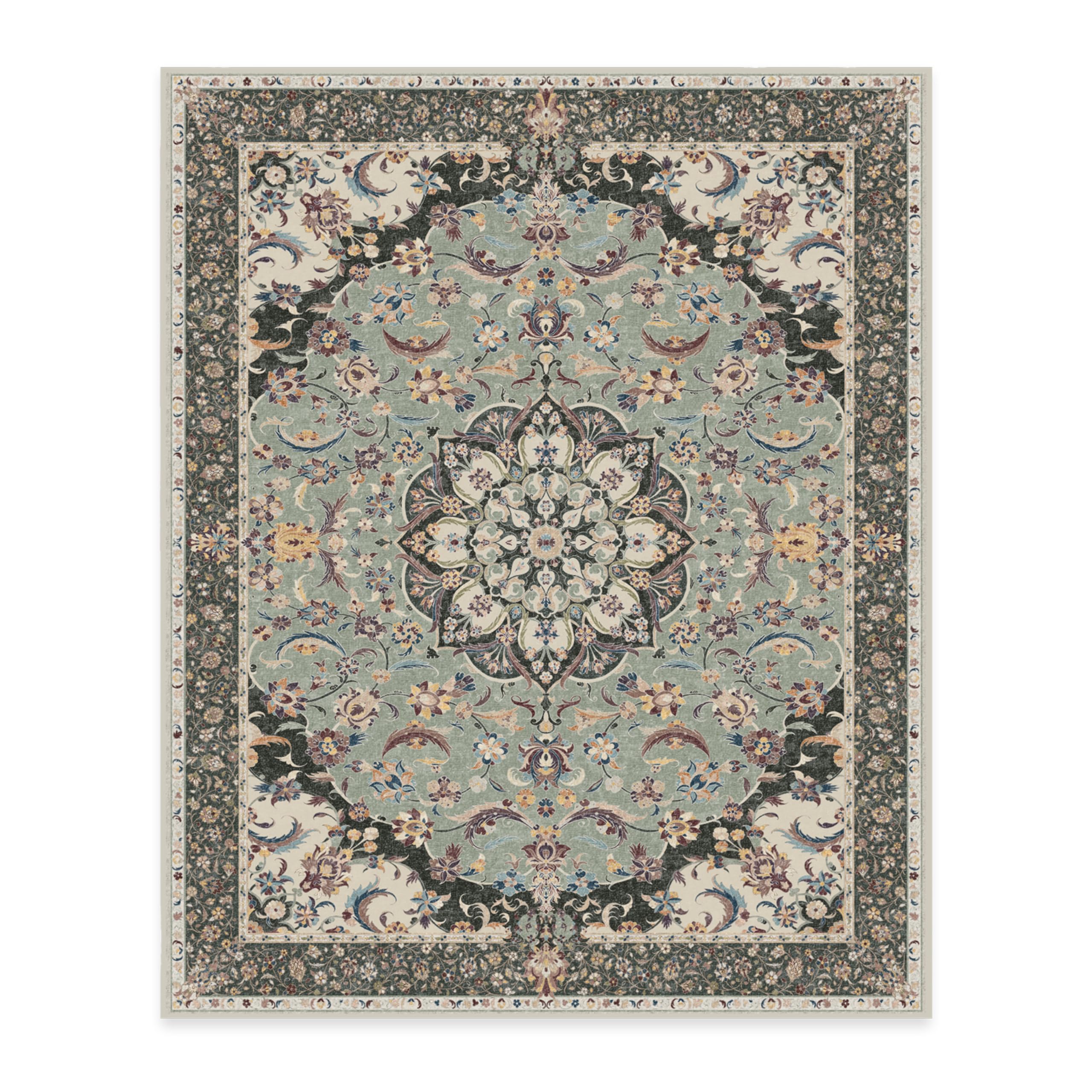 Ruggable Washable 8x10 Large Area Rug - Sima Sage Vintage Design | Non-Slip Gripper Pad | Premium Machine Washable Rug for Living Room, Bedroom, Kitchen, Office & Classroom | Perfect for High Traffic Areas & Pet-Friendly Homes