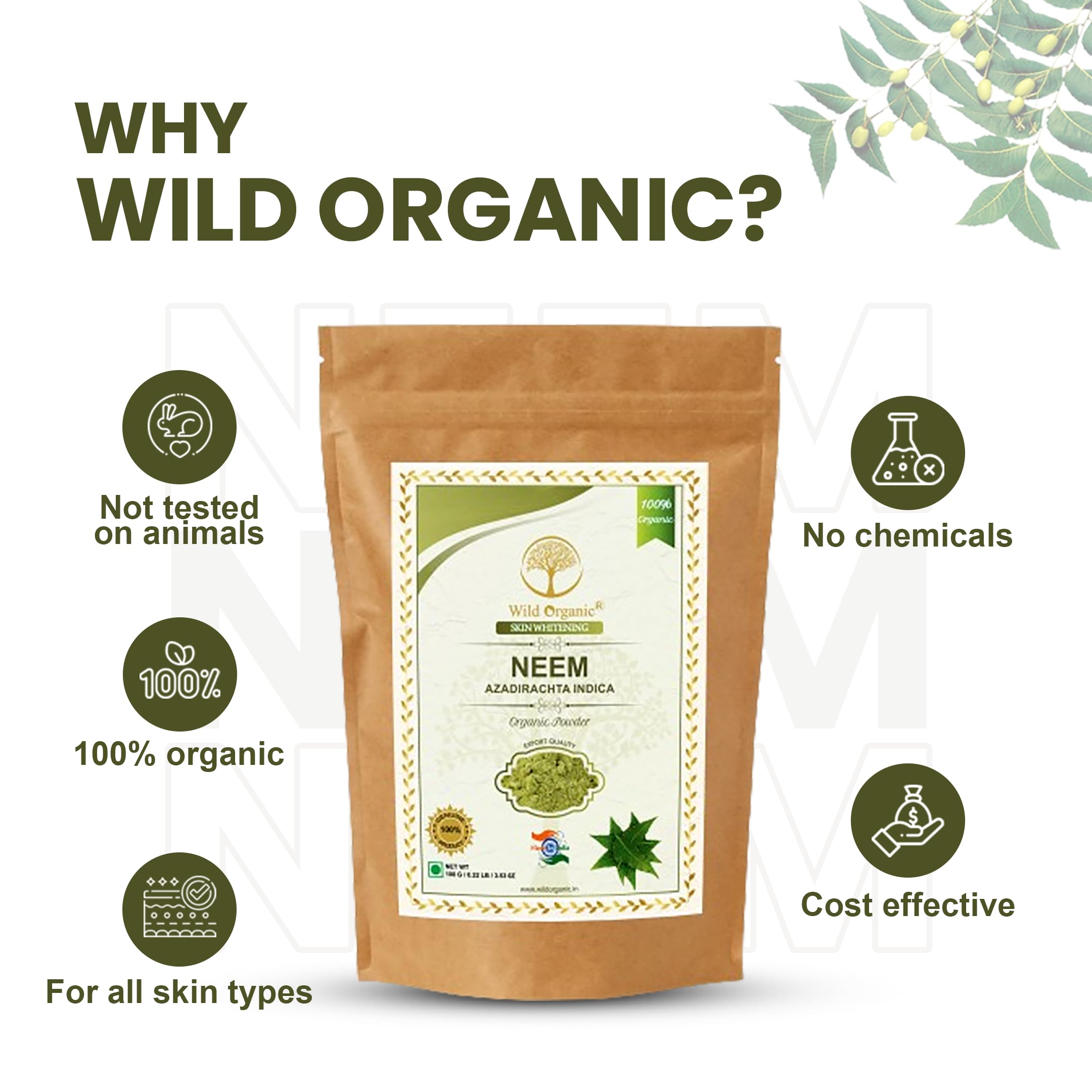 Organic Neem Powder for Acne & Skin Care - 100% Pure Natural Face Mask & Hair Treatment for Dry, Frizzy Hair (100g) | Best for DIY Beauty Remedies & Ayurvedic Skincare Routine