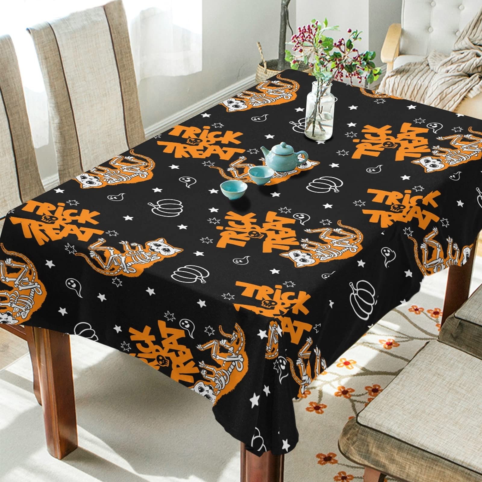 Halloween Cat Skeleton Tablecloth - 60 x 108 Inch Rectangle Polyester Party Table Cover for Trick or Treat Decor, Dinner Table Setting & Spooky Halloween Party Decorations