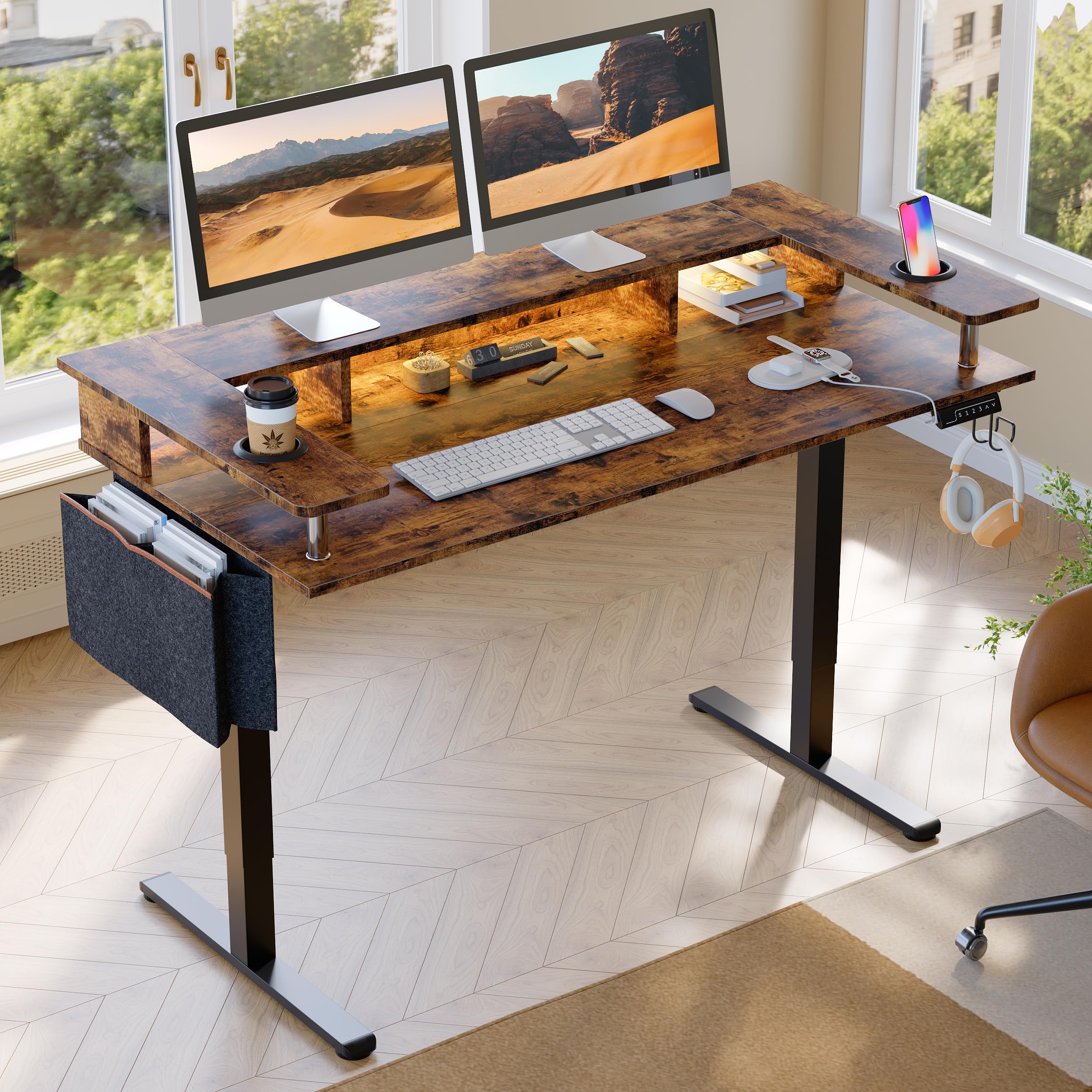 Bestier 58x26 Inch Electric Standing Desk with Adjustable Height - Ergonomic Sit Stand Desk for Home Office, Includes Monitor Stand & Headphone Hook (Brown) | Perfect for Remote Work, Gaming & Study Spaces