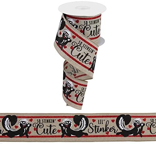 Valentine Skunks Canvas Wired Edge Ribbon - 10 Yards (2.5 Inch Width, Natural Color) for Gift Wrapping, DIY Crafts & Valentine's Day Decorations