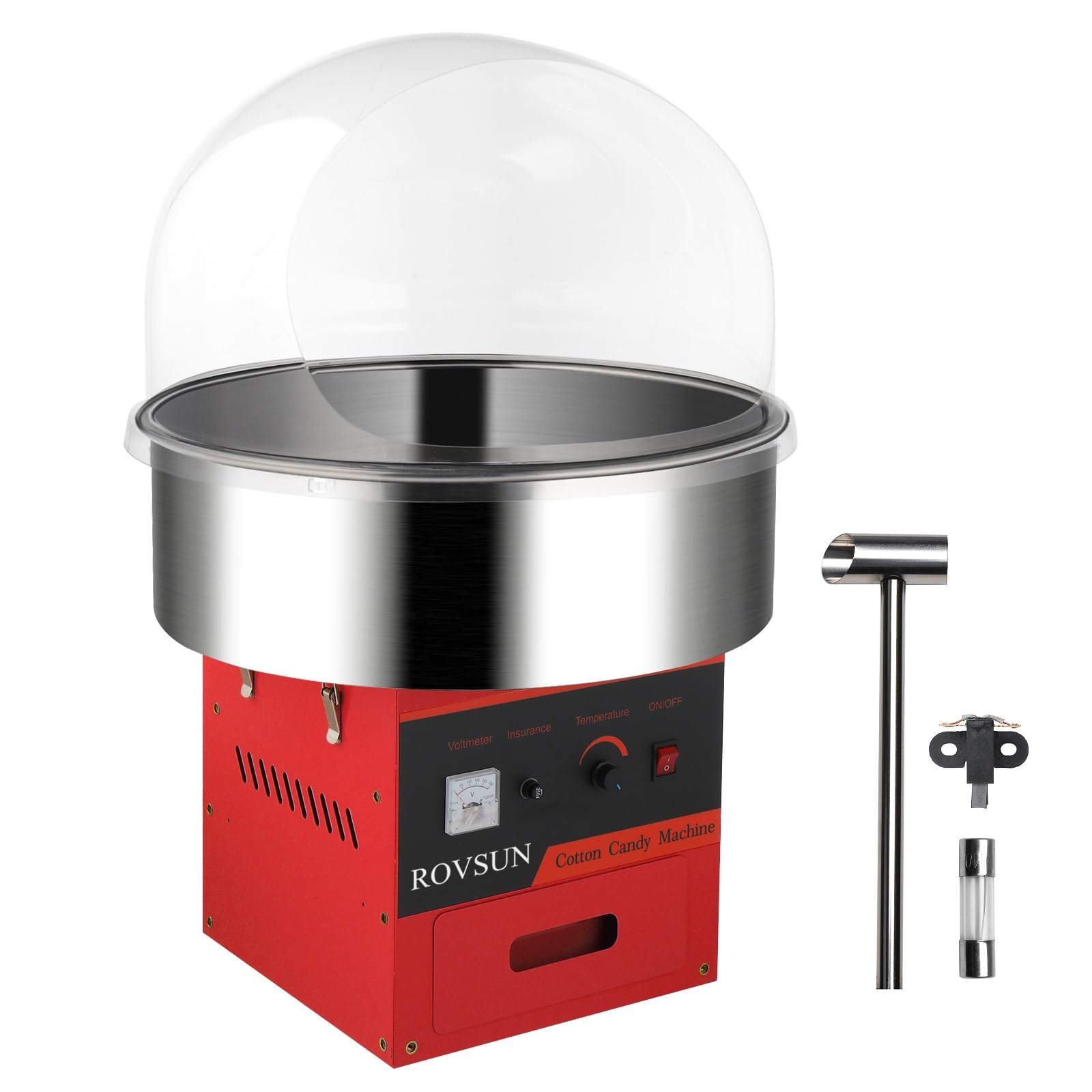 ROVSUN 21 Inch Commercial Cotton Candy Machine - Electric Candy Floss Maker with Stainless Steel Bowl, Cover, Sugar Scoop & Storage Drawer - Perfect for Parties, Carnivals, Fairs & Home Use (Red)