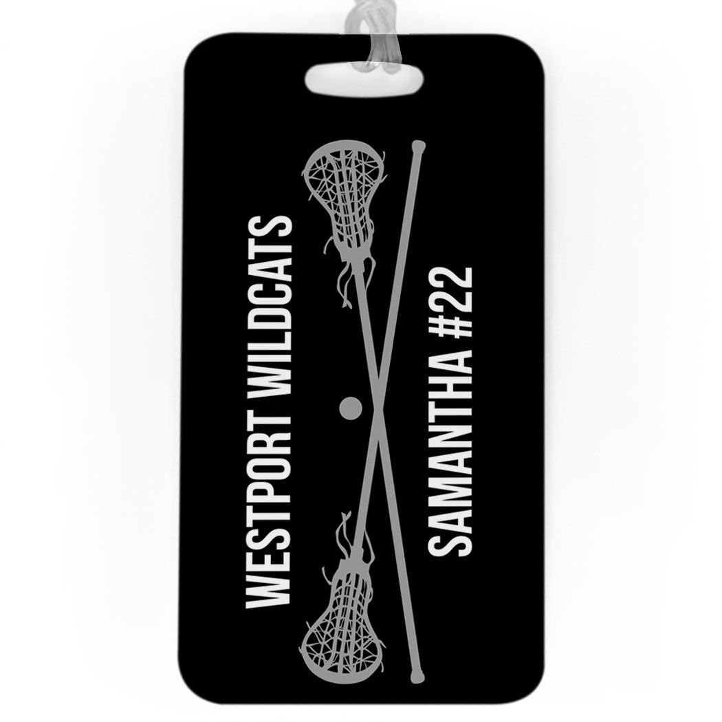 Personalized Girls Lacrosse Bag Tag with Crossed Lax Sticks - Large Black/Gray Luggage Tag with Standard Lines - Perfect for Travel, Sports Gear & School Backpacks