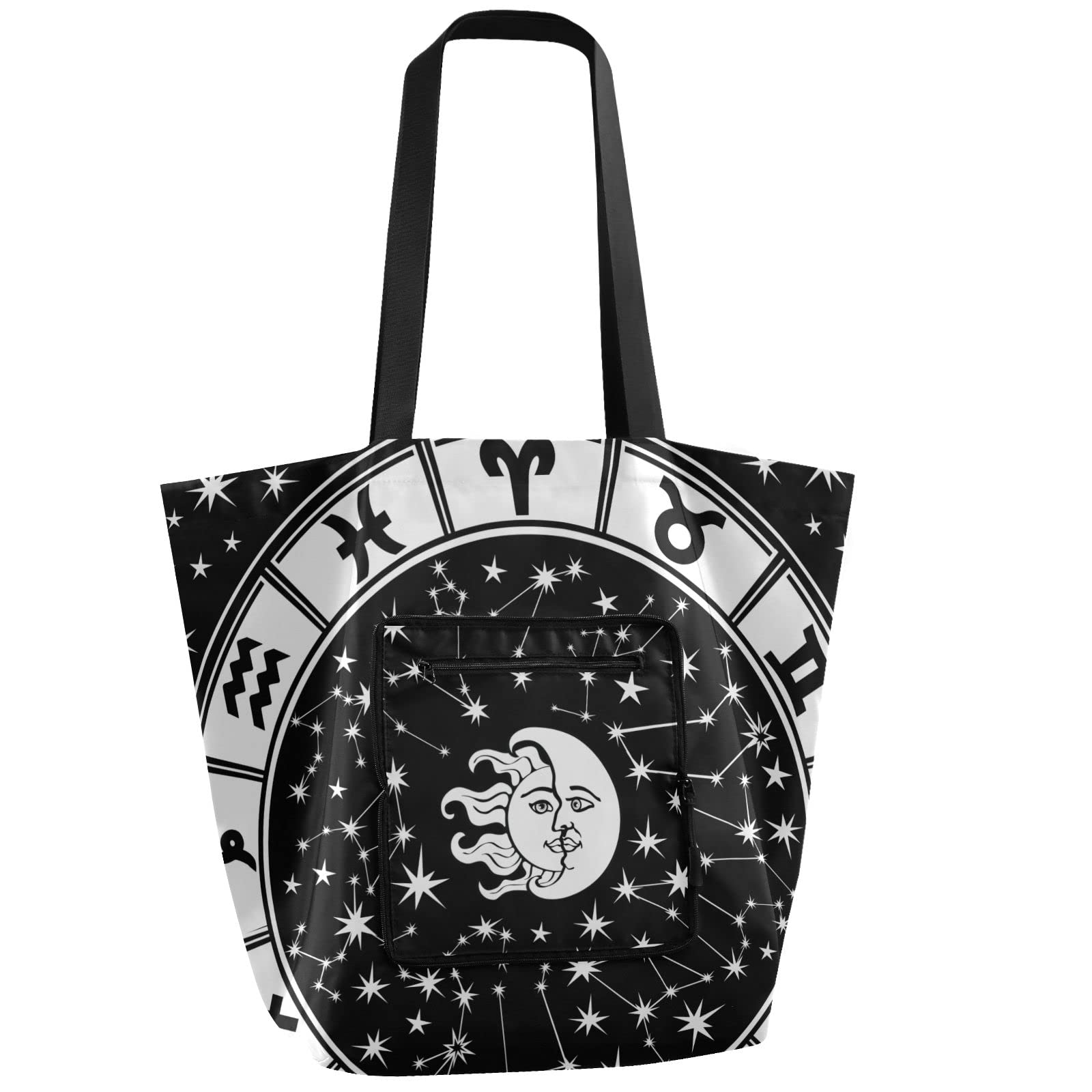 Foldable Reusable Grocery Bags - Heavy Duty Polyester Tote with Zodiac Sign Print (Black/White) for Shopping, Storage & Recycling | Perfect for Groceries, Beach Trips & Eco-Friendly Lifestyle