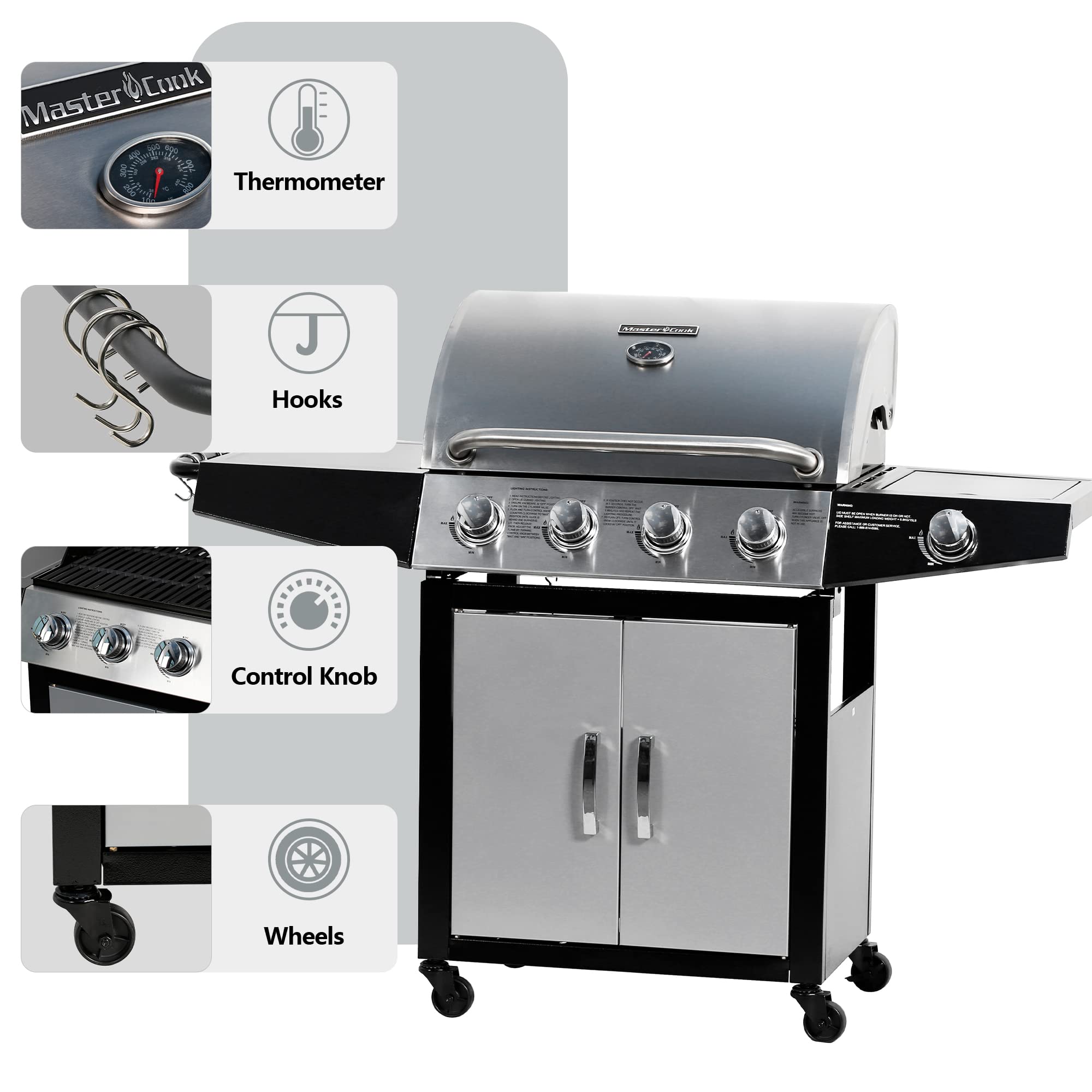 MASTER COOK 4-Burner Outdoor Propane Gas Grill with Side Burner - Stainless Steel BBQ Grill for Backyard, Patio & Camping - Silver Black (Liquid Propane)