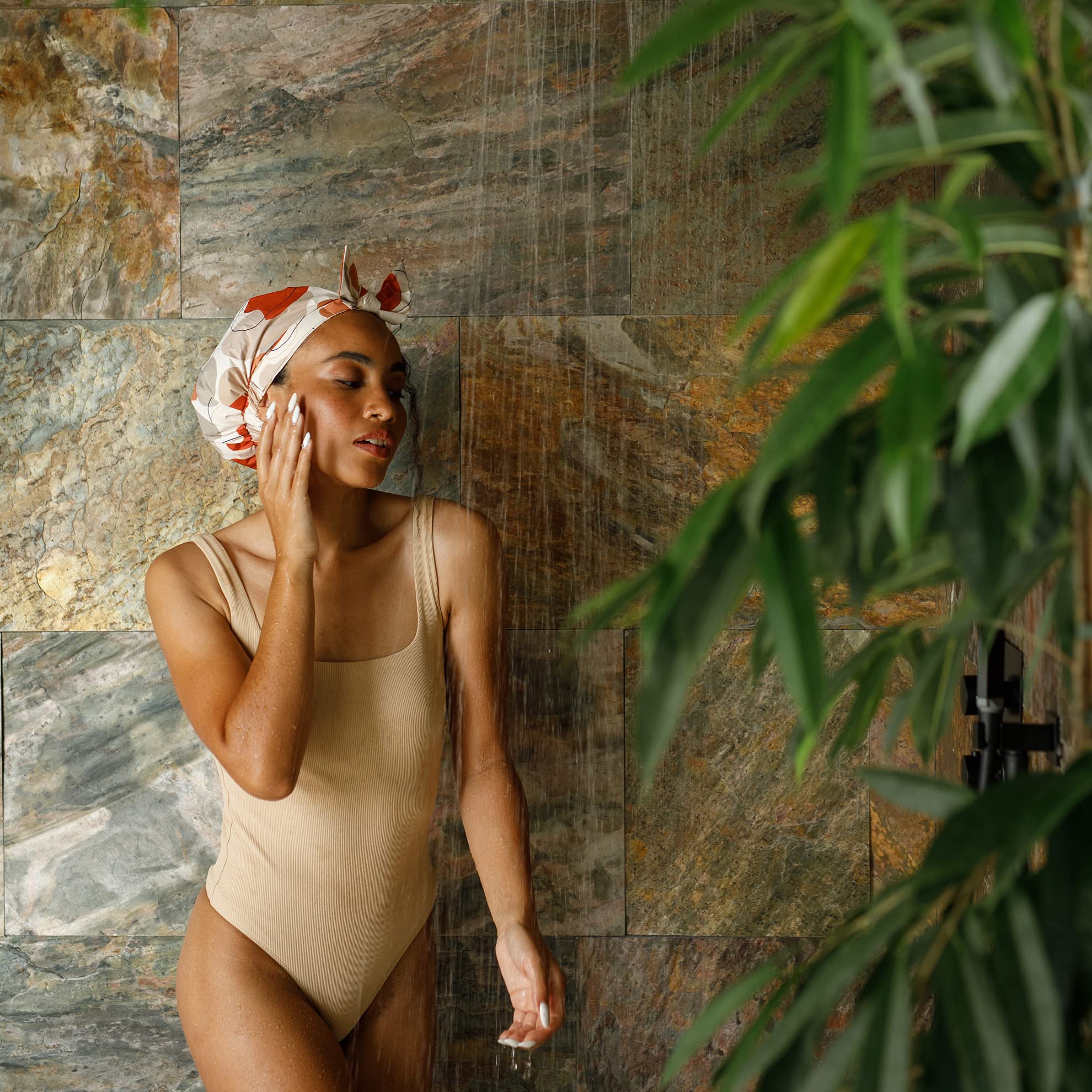 Waterproof Reusable Shower Cap for Women - Leakproof & Nonslip Hair Protection with Comfortable Flexiband - Soft Breathable Shower Accessories by SMPL OBJECTS (Beige) | Perfect for Bathing, Swimming, Hair Treatments & Salon Use