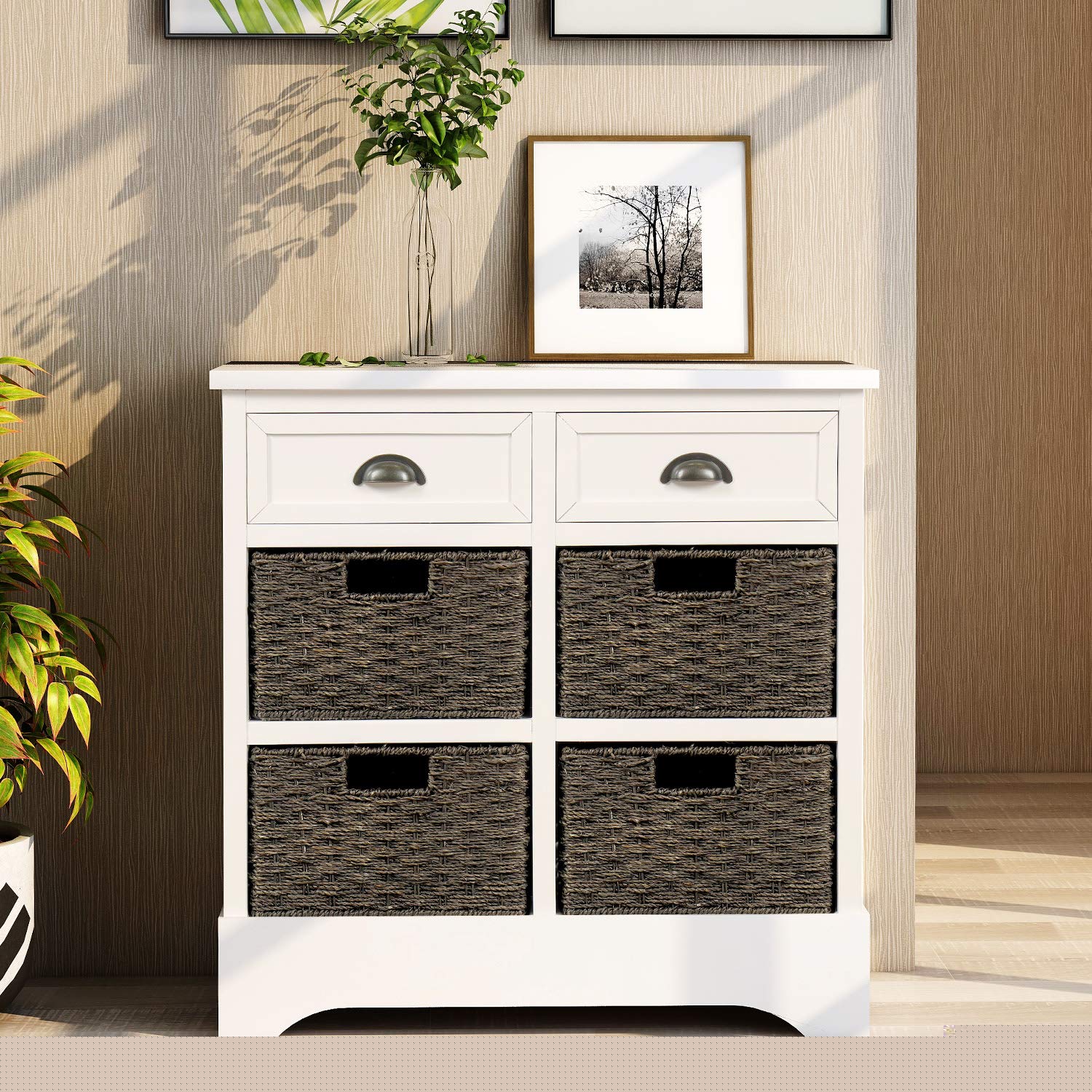 Rustic White Storage Cabinet with 2 Drawers & 4 Rattan Baskets - Kitchen, Dining Room, Entryway, Living Room Organizer - Perfect for Home Decor and Storage Solutions
