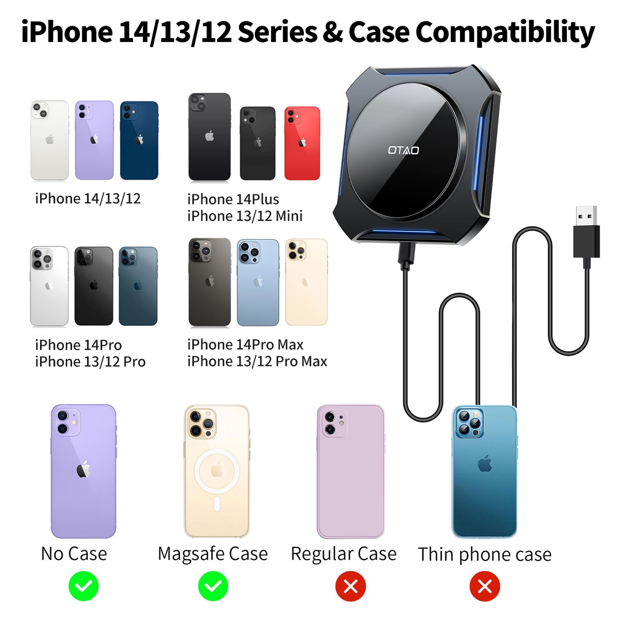 OTAO Magsafe Car Mount Wireless Charger - Fast Charging Magnetic Phone Holder for iPhone 15/14/13/12 Pro Max - Air Vent & Dashboard Car Accessories - Perfect for Commuting & Road Trips