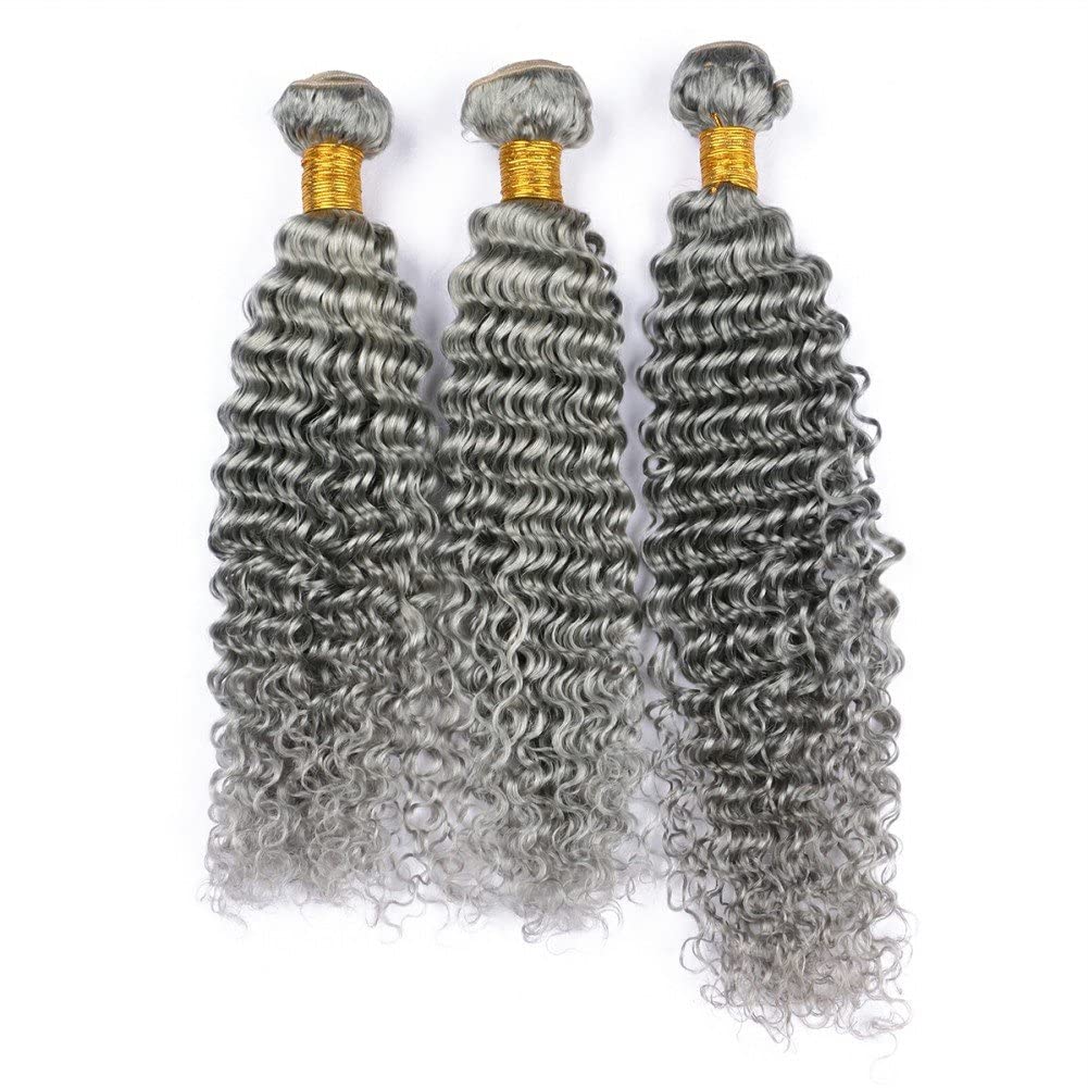 Premium 3-Piece Silver Gray Deep Wave Virgin Brazilian Human Hair Extensions (18