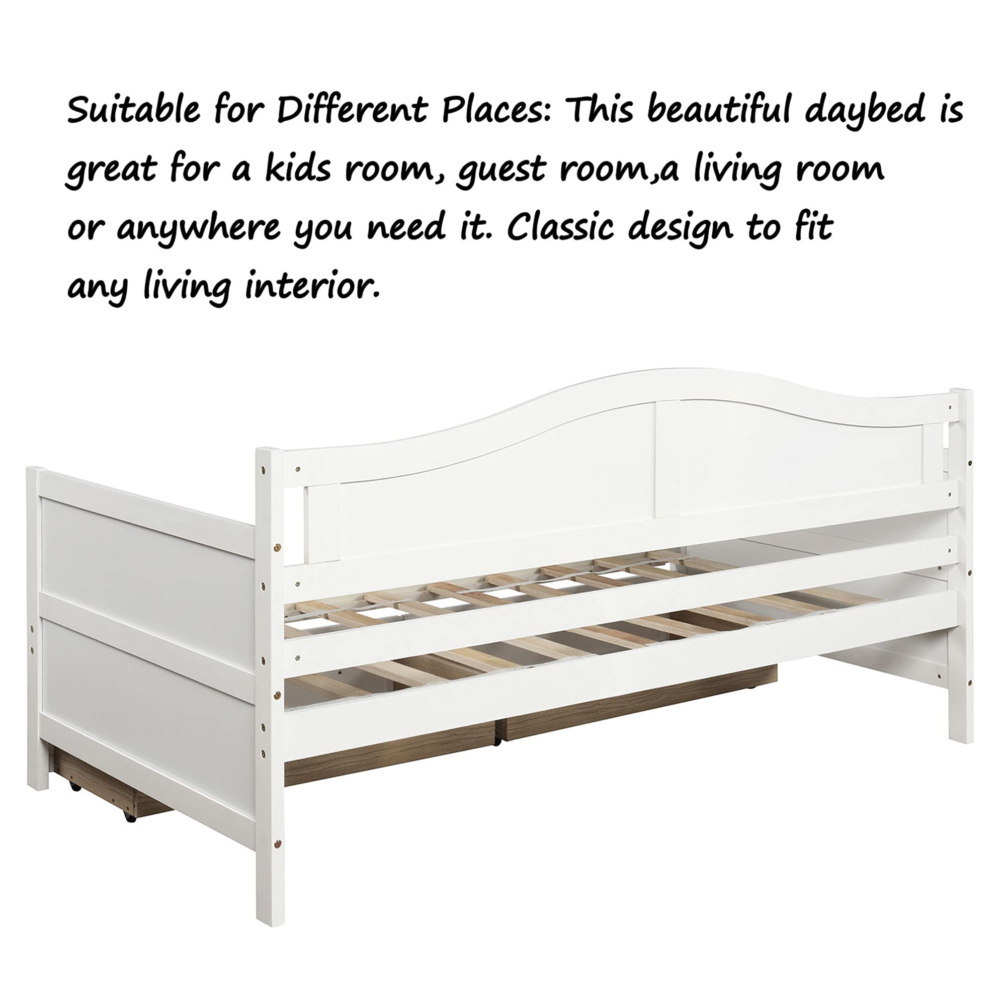 P PURLOVE Twin Daybed with 2 Drawers - Solid Wood Sofa Bed Frame for Bedroom & Living Room - No Box Spring Needed - White - Perfect for Guest Rooms, Small Spaces & Multi-Functional Furniture Needs