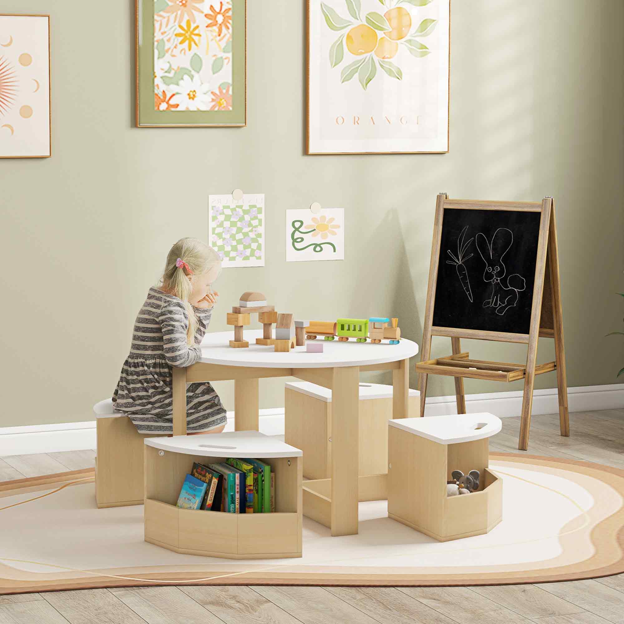 Qaba 5-Piece Kids Table and Chair Set with Storage - White Children's Furniture for Playroom, Learning & Arts & Crafts Activities