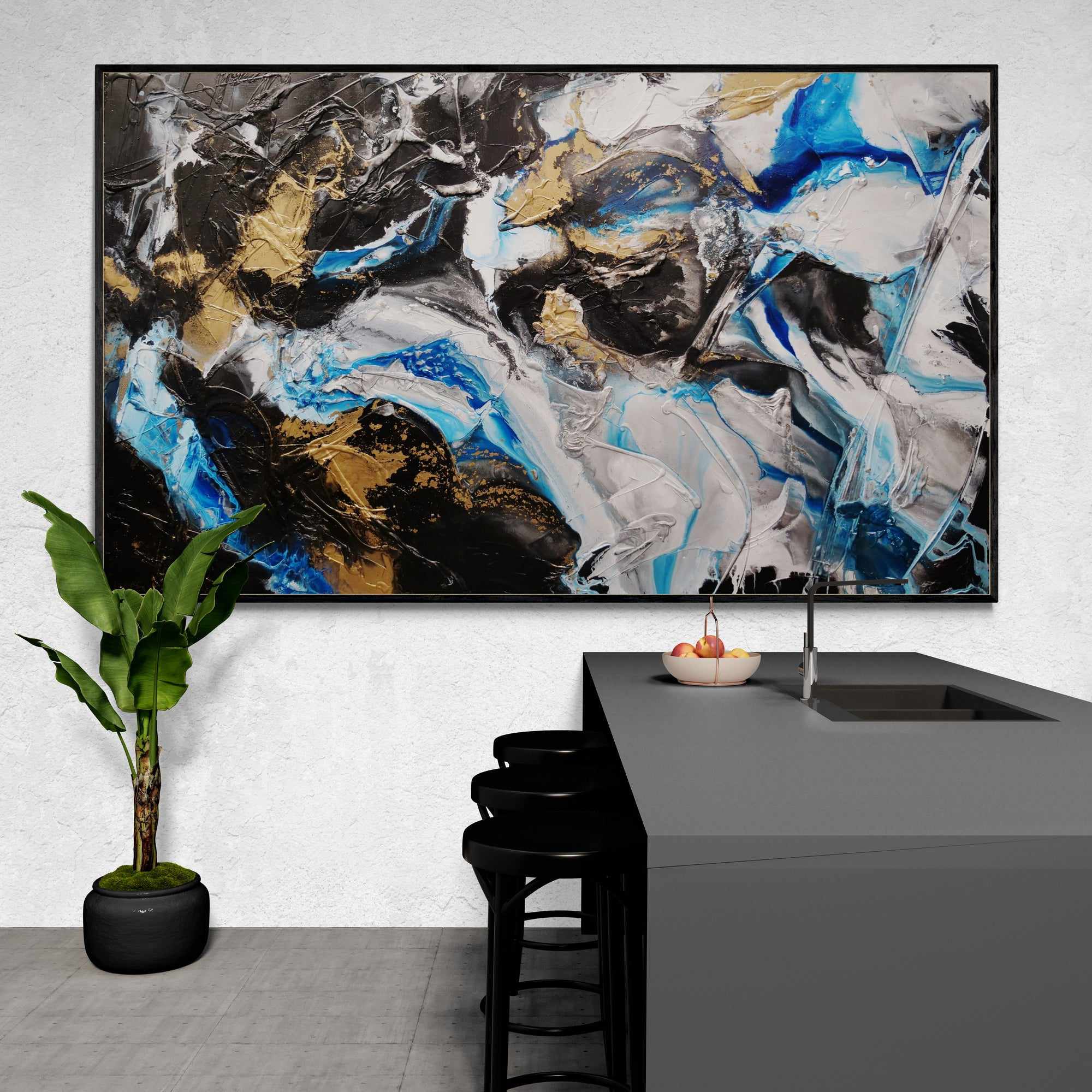 Black Cobalt Gold Textured Abstract Painting - 250cm x 150cm Large Wall Art for Living Room, Bedroom & Office Decor | Cobalt Bliss Collection