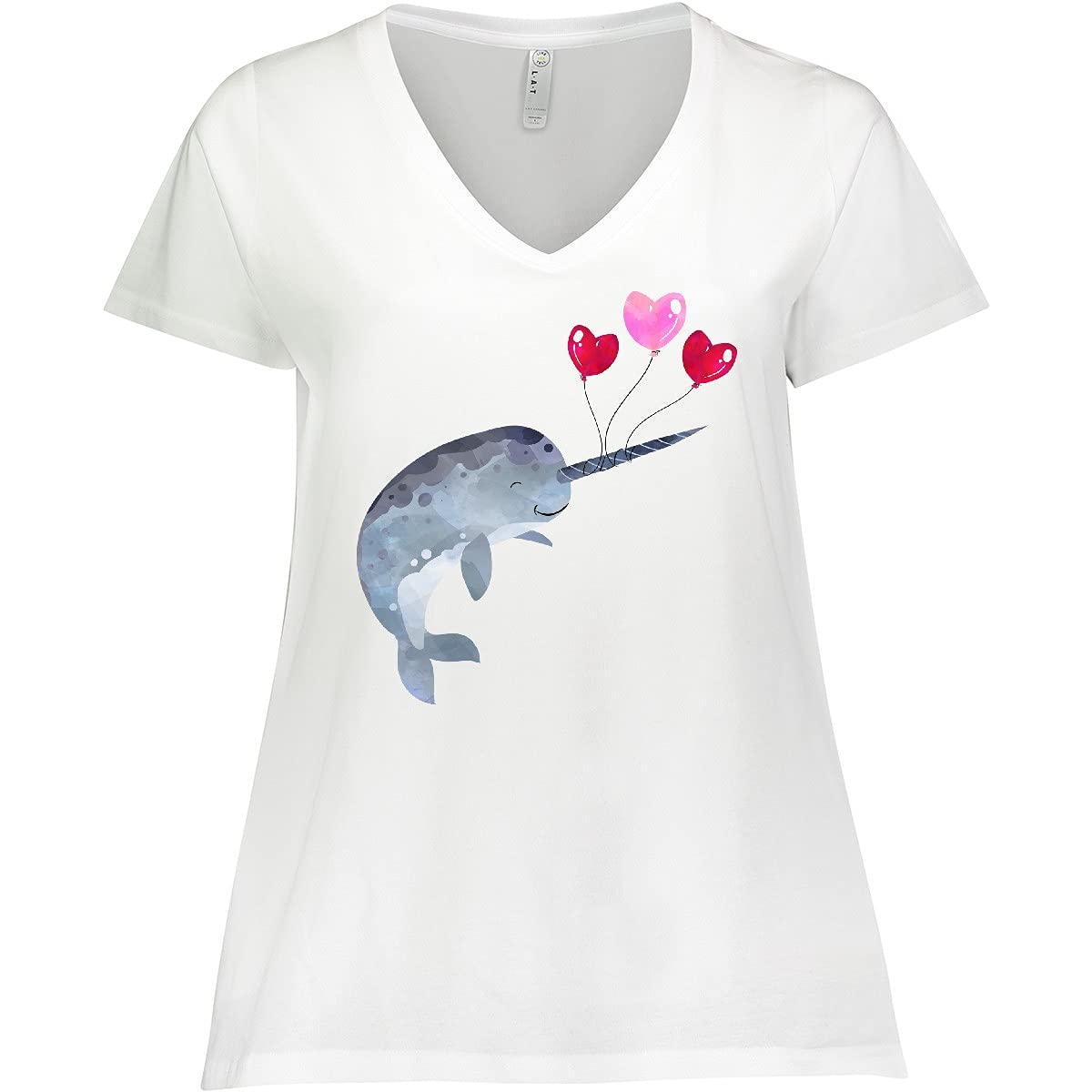 Inktastic Valentine's Day Narwhal with Heart Balloons Women's Plus Size V-Neck T-Shirt - Cute Casual Graphic Tee for Valentine's Gifts, Date Nights & Whale Lovers