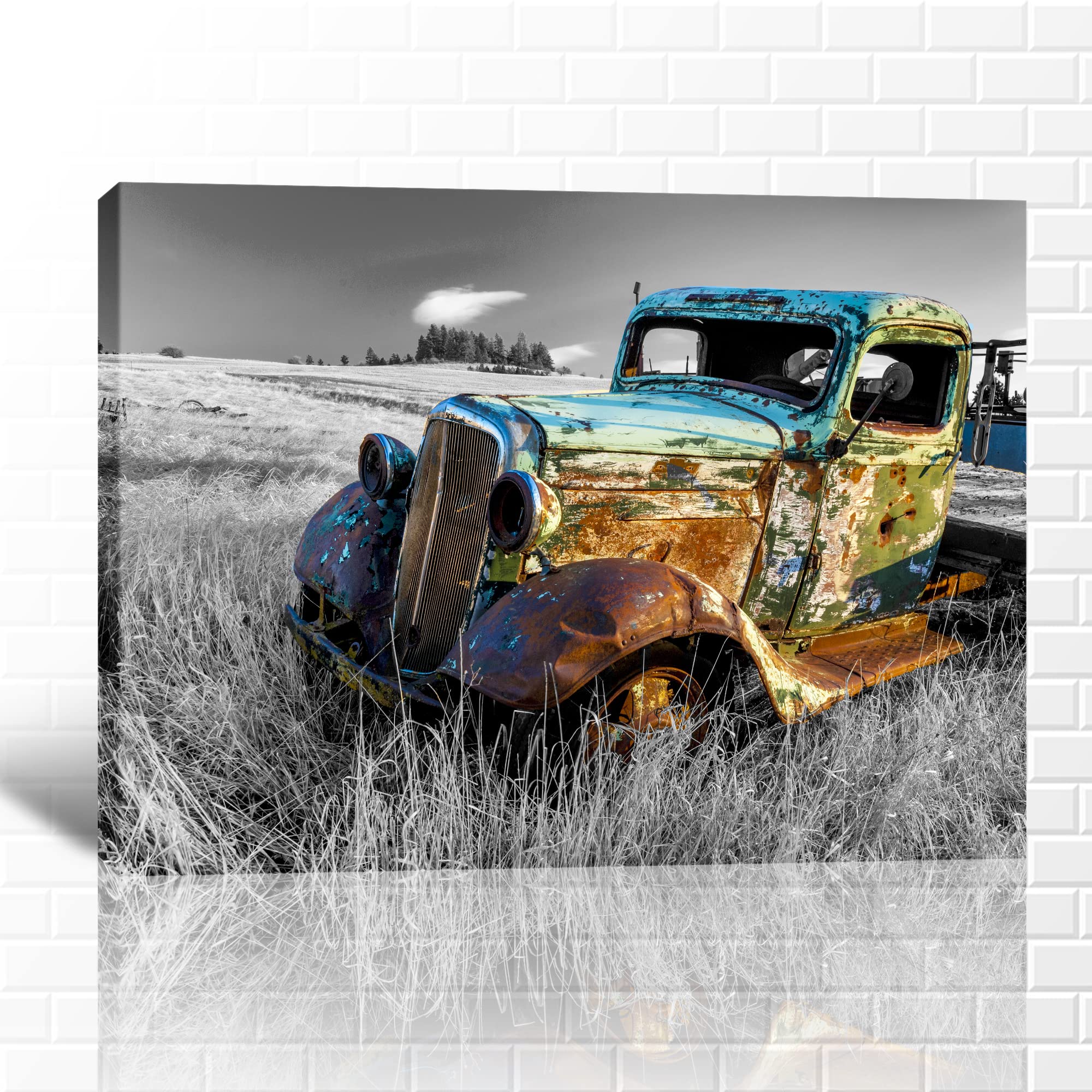 Vintage Farmhouse Truck Canvas Wall Art - Retro Old Truck Picture Decor for Country Living Room & Bedroom - 28x40 Inches - Perfect for Rustic, Farmhouse & Country Style Home Decor