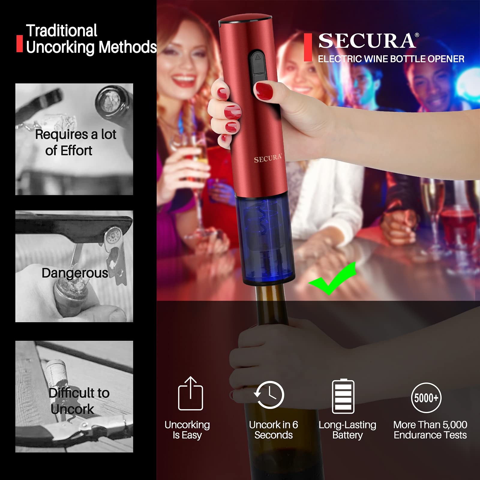 Secura Rechargeable Automatic Electric Wine Bottle Opener with Foil Cutter - Cordless Corkscrew for Red Wine, White Wine & Champagne - Perfect for Home, Parties & Gifts (Red)