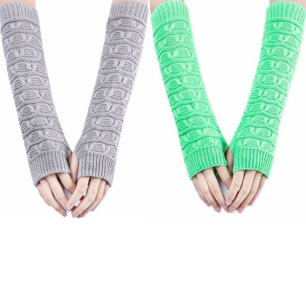 2 Pairs Women's Fingerless Arm Warmers - Knit Long Gloves & Mittens for Cold Weather, Yoga, Running, and Outdoor Activities
