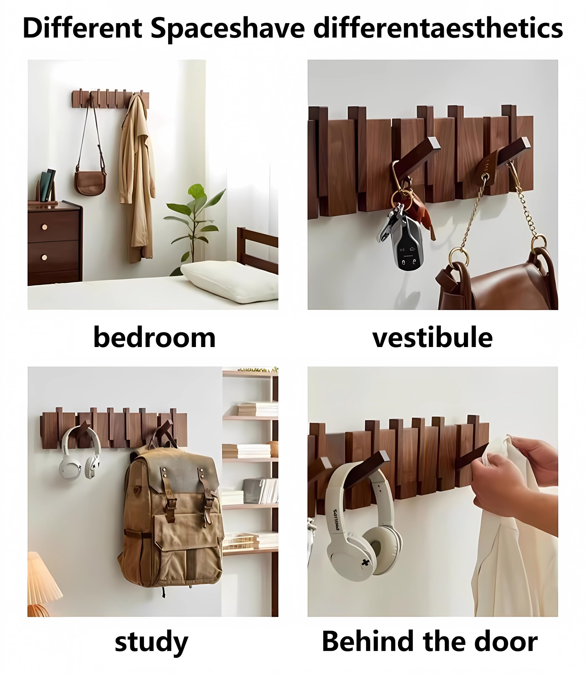 Tlongxia 10-Hook Wall Mounted Coat Rack - Natural Walnut & Beech Solid Wood Hangers with Non-Woven Fabric for Closet Organization | Perfect for Entryway, Bedroom, Bathroom & Kitchen Storage