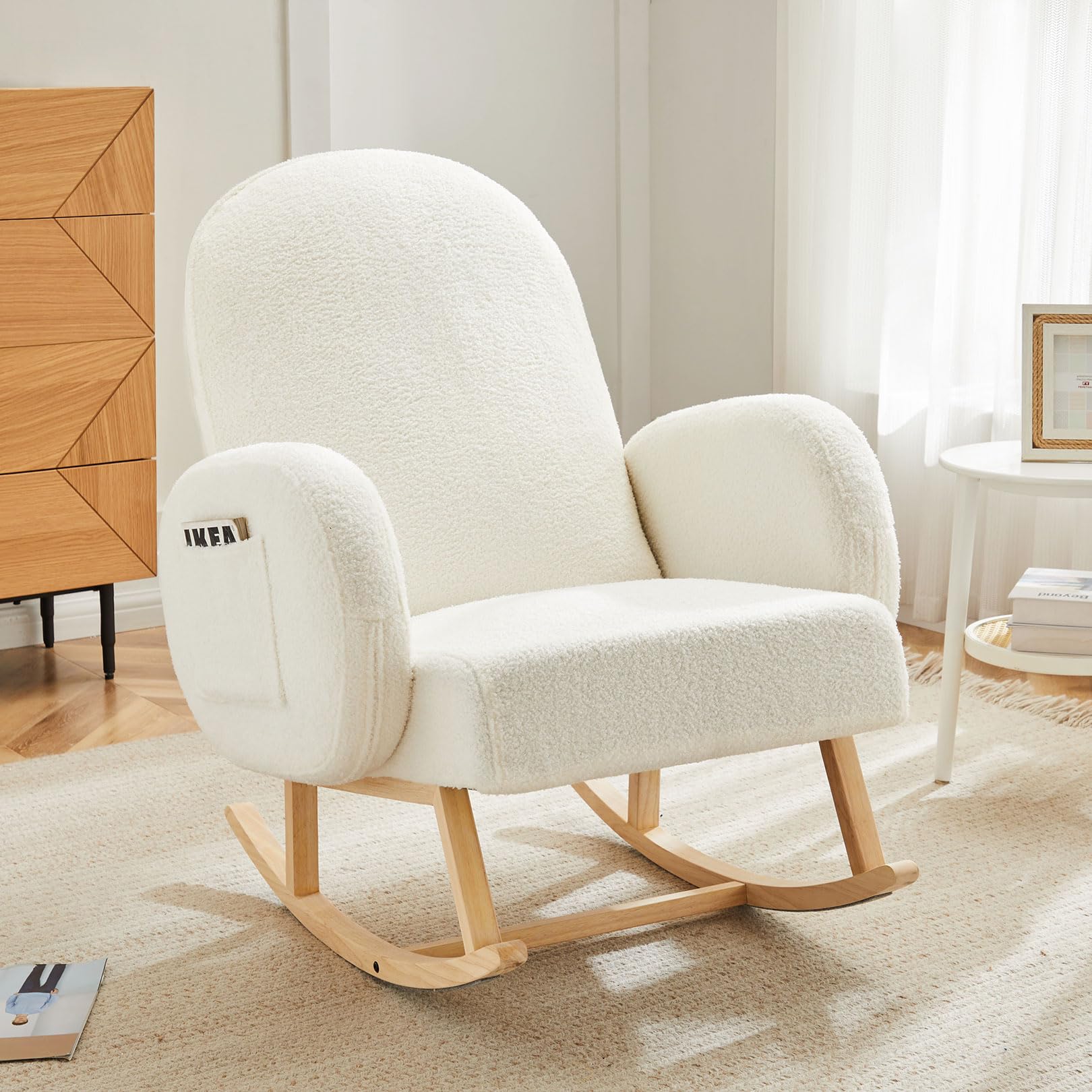 Comfortable Upholstered Rocking Chair with Side Pocket - Solid Rubber Wood Legs - Nursery Glider & Accent Chair for Living Room, Bedroom, Nursery - Perfect for Breastfeeding, Reading Nook & Relaxation
