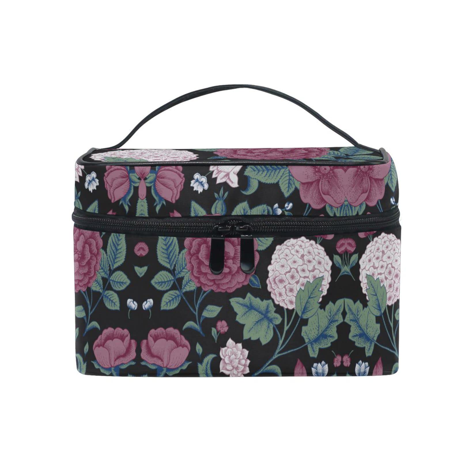 Black Floral Cosmetic Bag Organizer - Waterproof Zippered Makeup Pouch for Women & Girls | Perfect for Travel, Gym, and Daily Essentials Storage