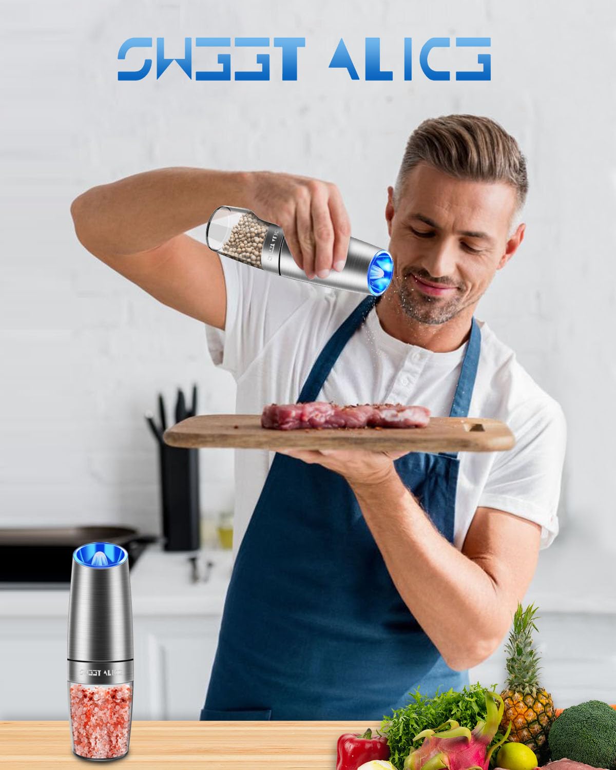 Premium Electric Salt and Pepper Grinder Set - Battery Powered with Adjustable Coarseness & LED Light - One Hand Automatic Operation - Stainless Steel Mill for Kitchen, Dining Table, or Outdoor BBQ (Silver)